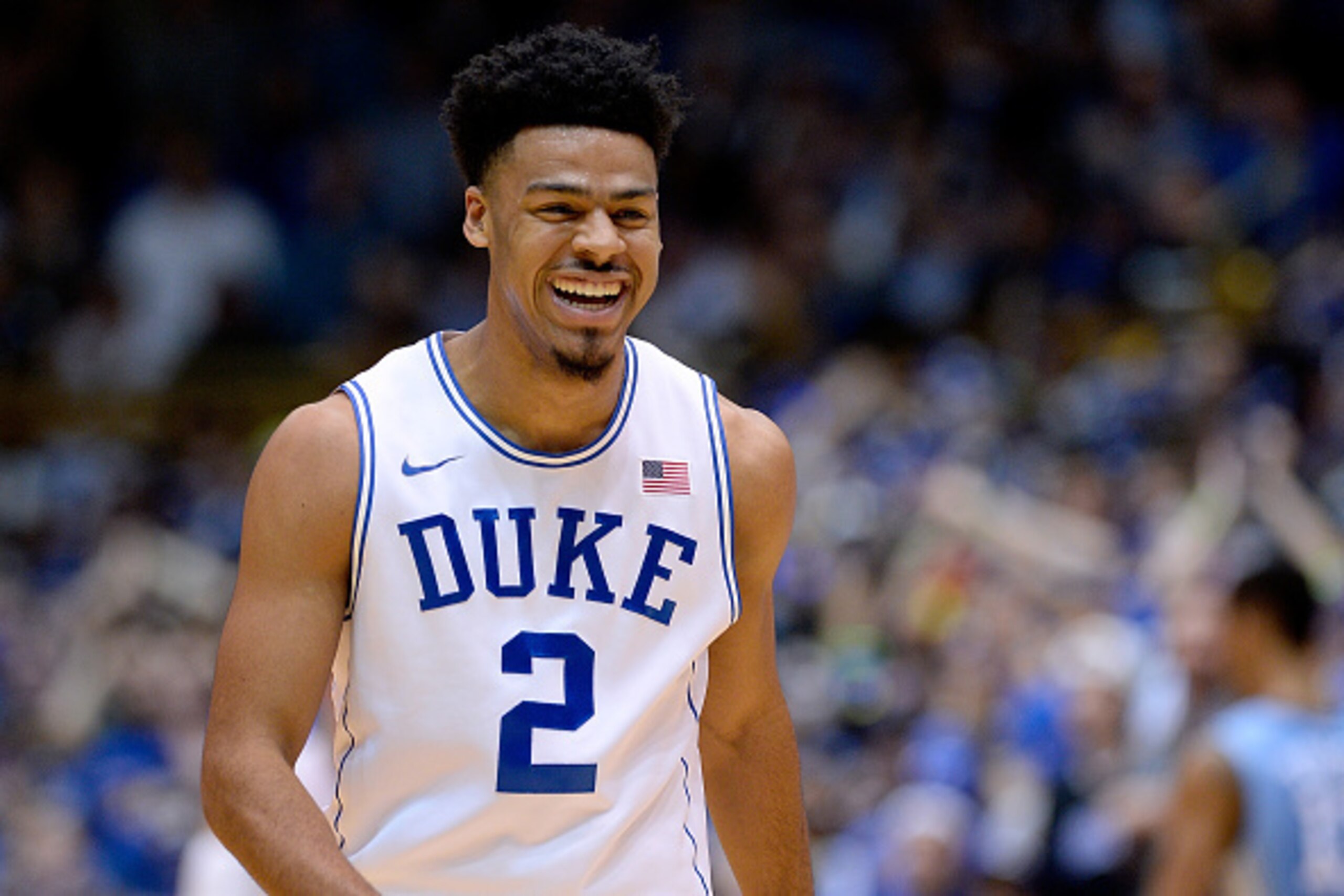 DURHAM, NC - FEBRUARY 18:  Quinn Cook #2 of the Duke Blue Devils reacts during a win against the North Carolina Tar Heels at Cameron Indoor Stadium on February 18, 2015 in Durham, North Carolina.  (Photo by Grant Halverson/Getty Images)