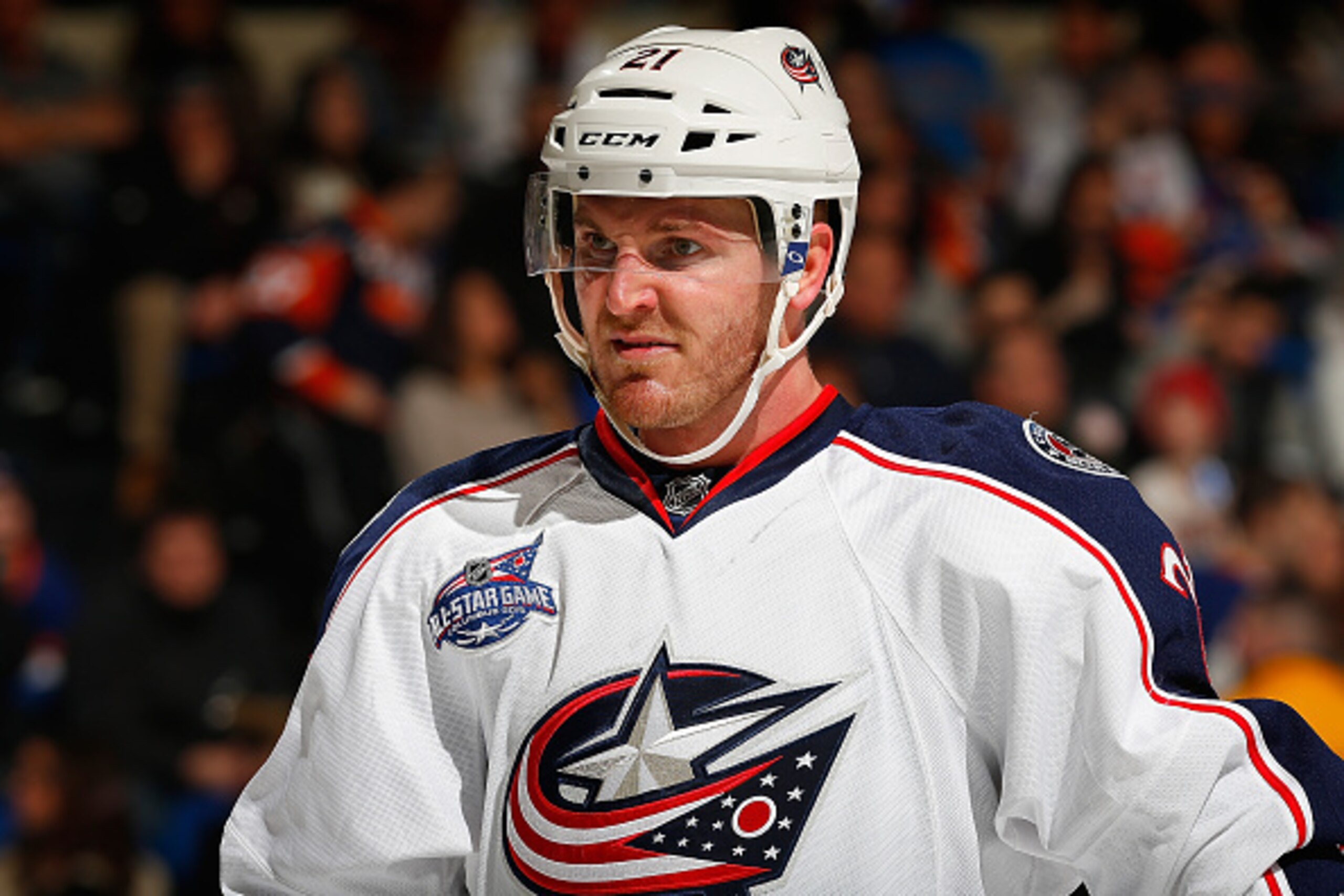 UNIONDALE, NY - FEBRUARY 14:  James Wisniewski #21 of the Columbus Blue Jackets skates against the New York Islanders at Nassau Veterans Memorial Coliseum on February 14, 2015 in Uniondale, New York. The New York Islanders defeated the Columbus Blue Jacke