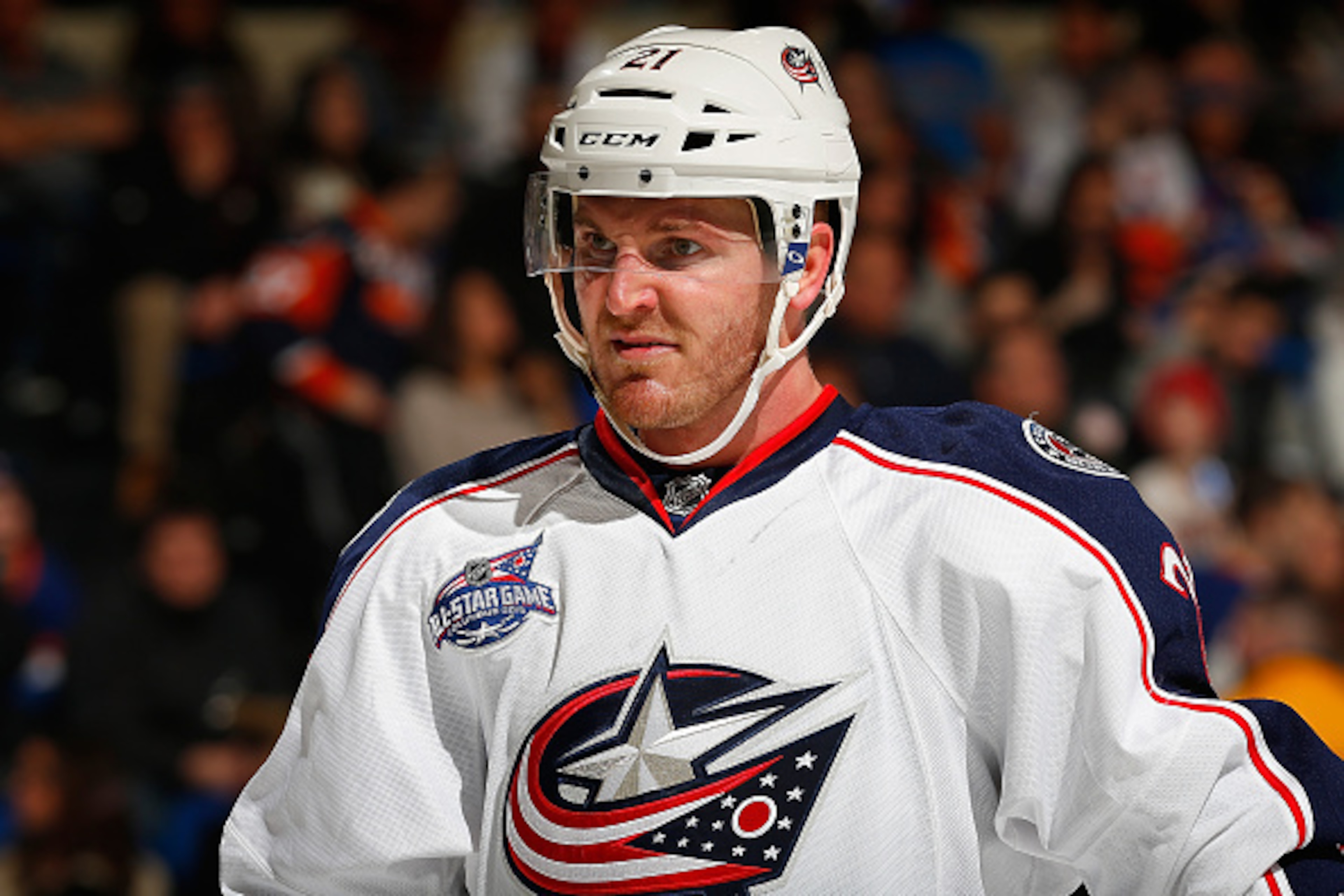 UNIONDALE, NY - FEBRUARY 14:  James Wisniewski #21 of the Columbus Blue Jackets skates against the New York Islanders at Nassau Veterans Memorial Coliseum on February 14, 2015 in Uniondale, New York. The New York Islanders defeated the Columbus Blue Jacke