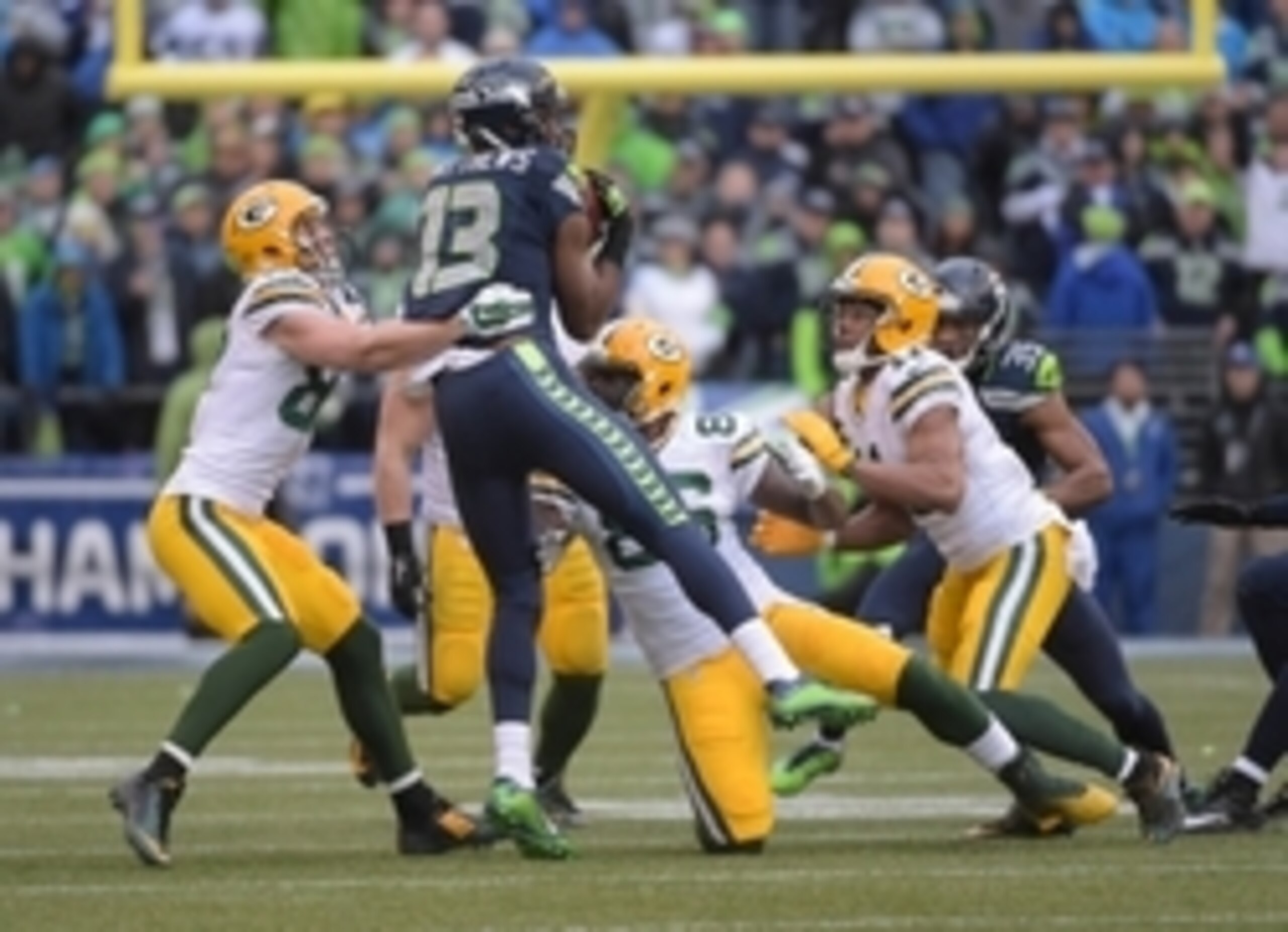 Jan 18, 2015; Seattle, WA, USA; Seattle Seahawks wide receiver Chris Matthews (13) recovers an onside kick ahead of Green Bay Packers wide receiver Jordy Nelson (87) and Brandon Bostick (86) during the fourth quarter in the NFC Championship Game at Centur Jan 18, 2015; Seattle, WA, USA; Seattle Seahawks wide receiver Chris Matthews (13) recovers an onside kick ahead of Green Bay Packers wide receiver Jordy Nelson (87) and Brandon Bostick (86) during the fourth quarter in the NFC Championship Game at Centur