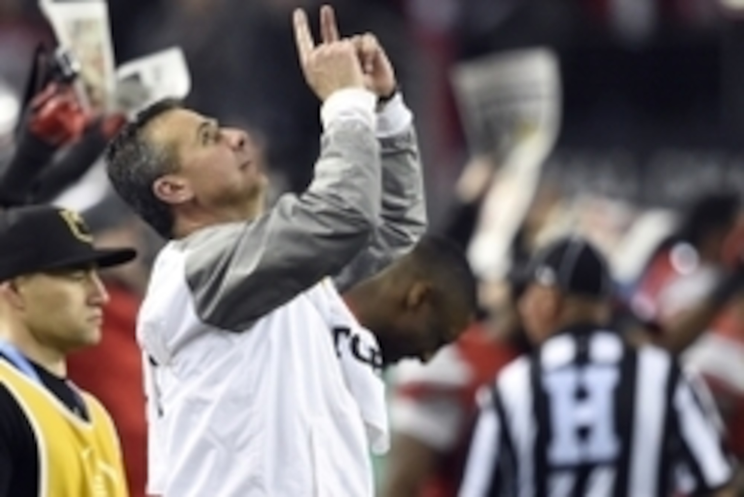 Jan 12, 2015; Arlington, TX, USA; Ohio State Buckeyes head coach Urban Meyer reacts as time expires in the 2015 CFP National Championship Game against the Oregon Ducks at AT&T Stadium. Mandatory Credit: John David Mercer-USA TODAY Sports