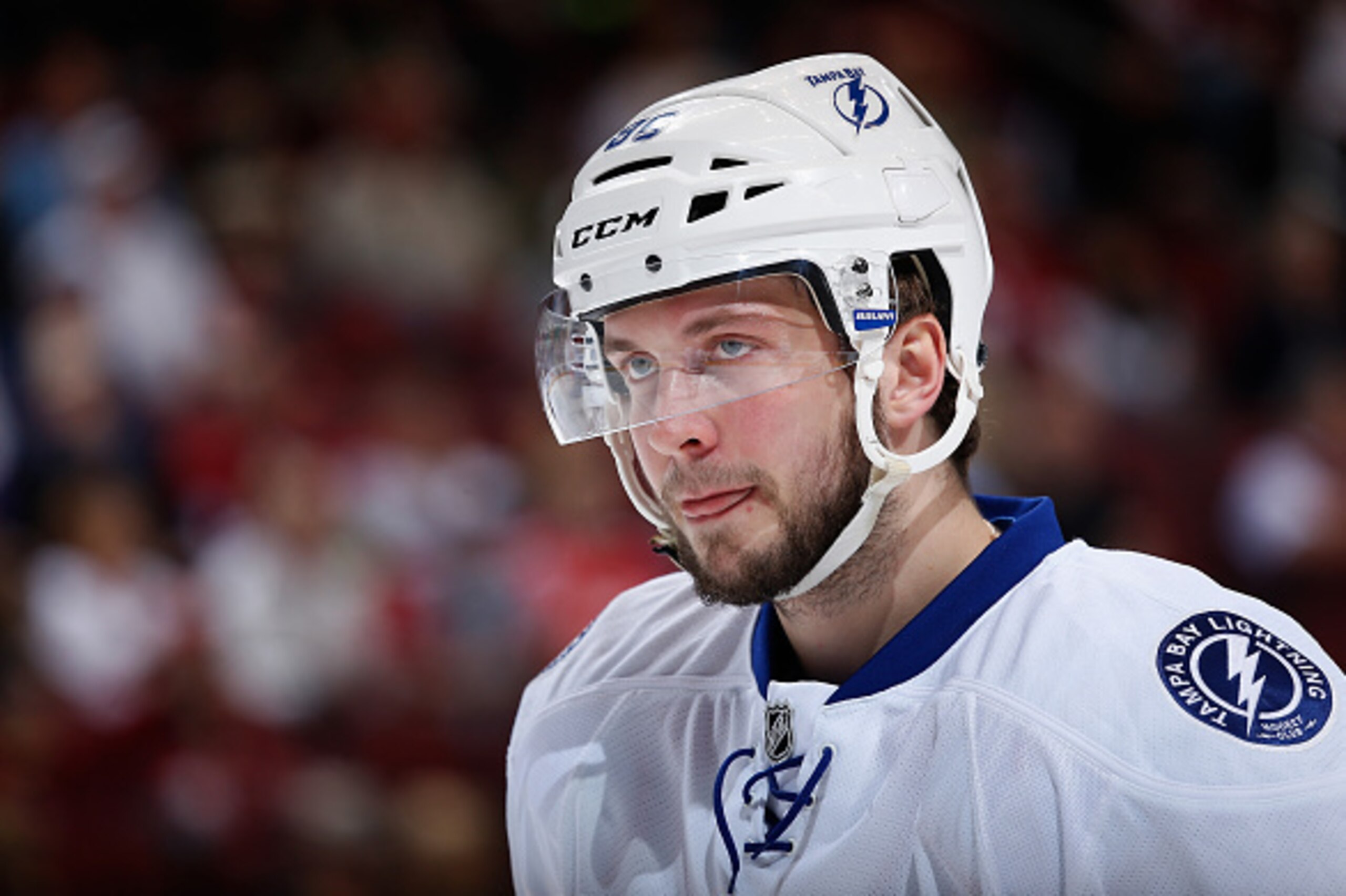 GLENDALE, AZ - FEBRUARY 21:  Nikita Kucherov #86 of the Tampa Bay Lightning during a break from the NHL game against the Arizona Coyotes at Gila River Arena on February 21, 2015 in Glendale, Arizona.  The Lighting defeated the Coyotes 4-2. (Photo by Chris