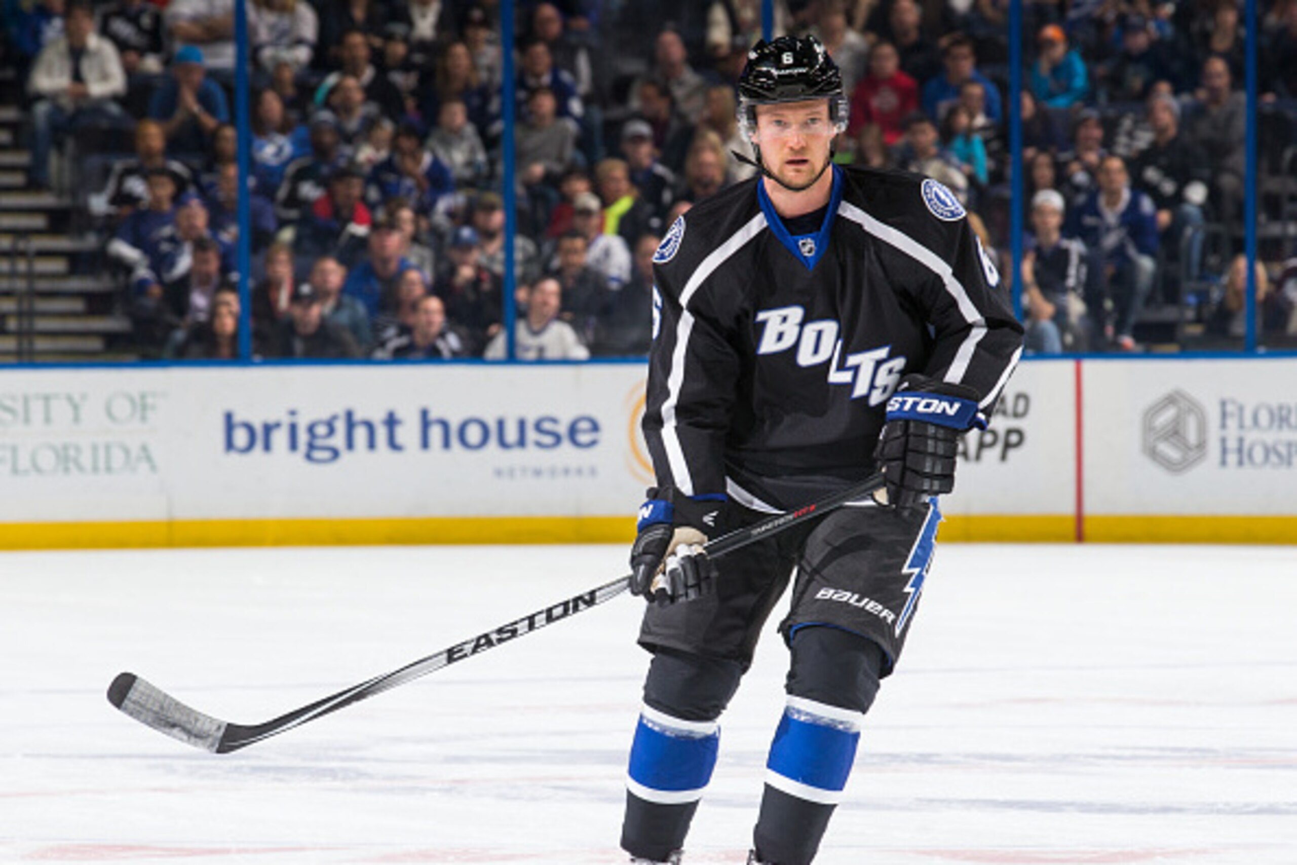 TAMPA, FL - JANUARY 31: Anton Stralman #6 of the Tampa Bay Lightning skates against the Columbus Blue Jackets during the first period at the Amalie Arena on January 31, 2015 in Tampa, Florida.  (Photo by Scott Audette/NHLI via Getty Images)
