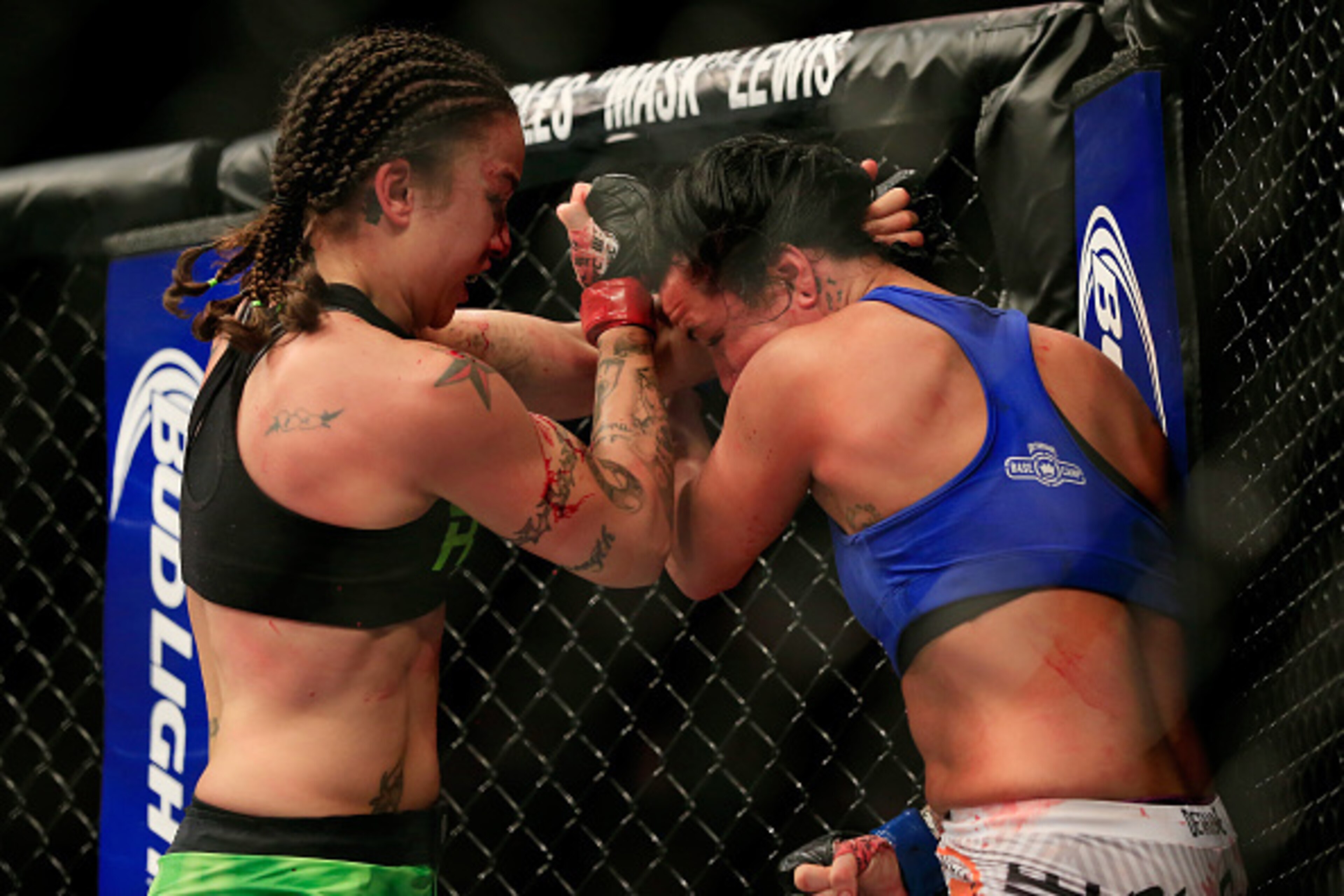 LAS VEGAS, NV - DECEMBER 06:  Raquel Pennington (green shorts) and Ashlee Evans-Smith (white shorts) grapple against the cage in their fight during the UFC 181 event at the Mandalay Bay Events Center on December 6, 2014 in Las Vegas, Nevada.  (Photo by Al