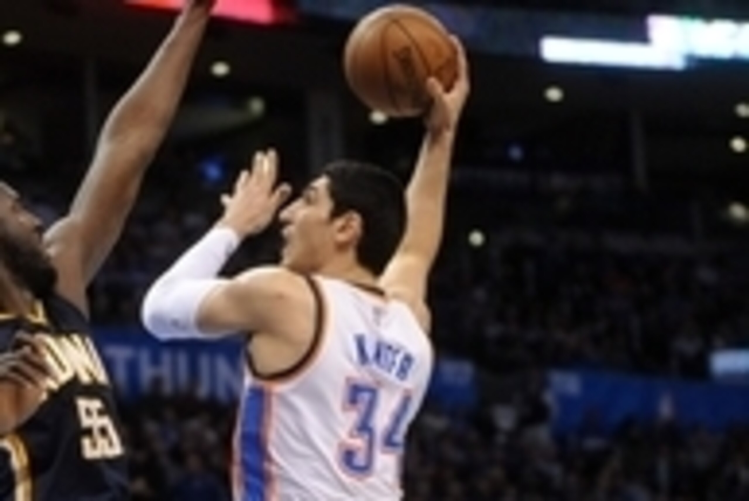 Feb 24, 2015; Oklahoma City, OK, USA;  Oklahoma City Thunder center Enes Kanter (34) attempts a shot against Indiana Pacers center Roy Hibbert (55) during the second quarter at Chesapeake Energy Arena. Mandatory Credit: Mark D. Smith-USA TODAY Sports