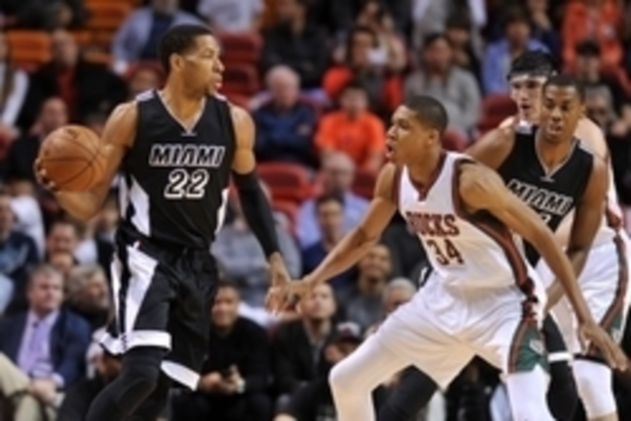 Jan 27, 2015; Miami, FL, USA; Miami Heat forward Danny Granger (22) is pressured by Milwaukee Bucks forward Giannis Antetokounmpo (34) during the first half at American Airlines Arena. Mandatory Credit: Steve Mitchell-USA TODAY Sports