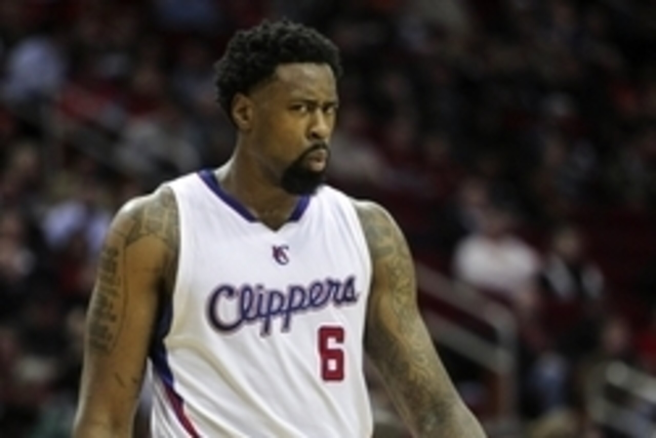 Feb 25, 2015; Houston, TX, USA; Los Angeles Clippers center DeAndre Jordan (6) reacts after a play during the second quarter against the Houston Rockets at Toyota Center. Mandatory Credit: Troy Taormina-USA TODAY Sports
