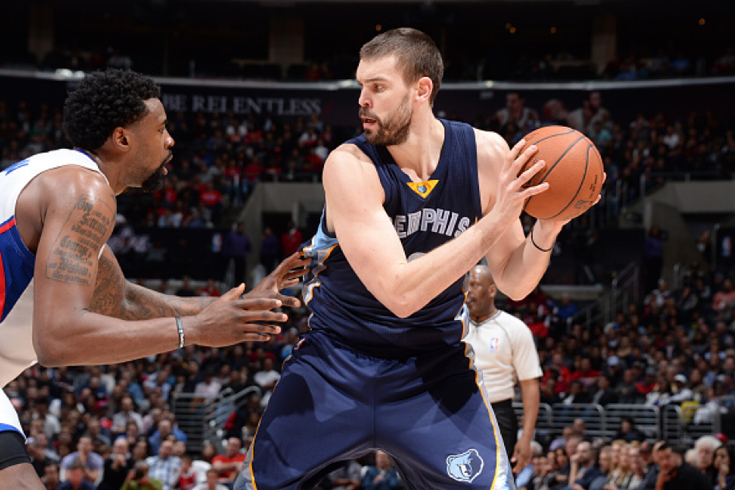 LOS ANGELES, CA - FEBRUARY 23: Marc Gasol #33 of the Memphis Grizzlies defends the ball against DeAndre Jordan #6 of the Los Angeles Clippers during the game on February 23, 2015 at STAPLES Center in Los Angeles, California. NOTE TO USER: User expressly a