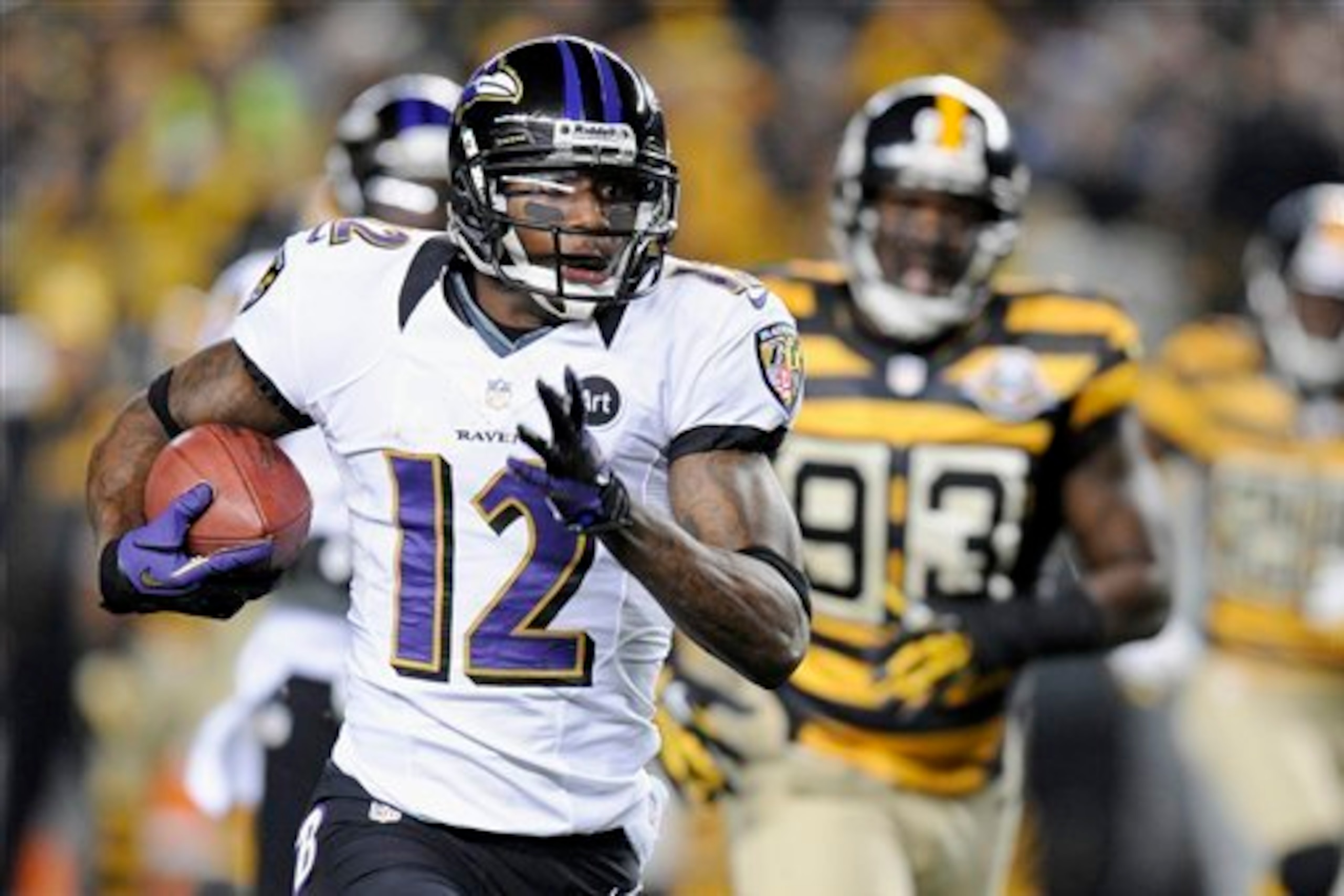 Jacoby Jones has two return touchdowns against the Steelers. Jacoby Jones has two return touchdowns against the Steelers.