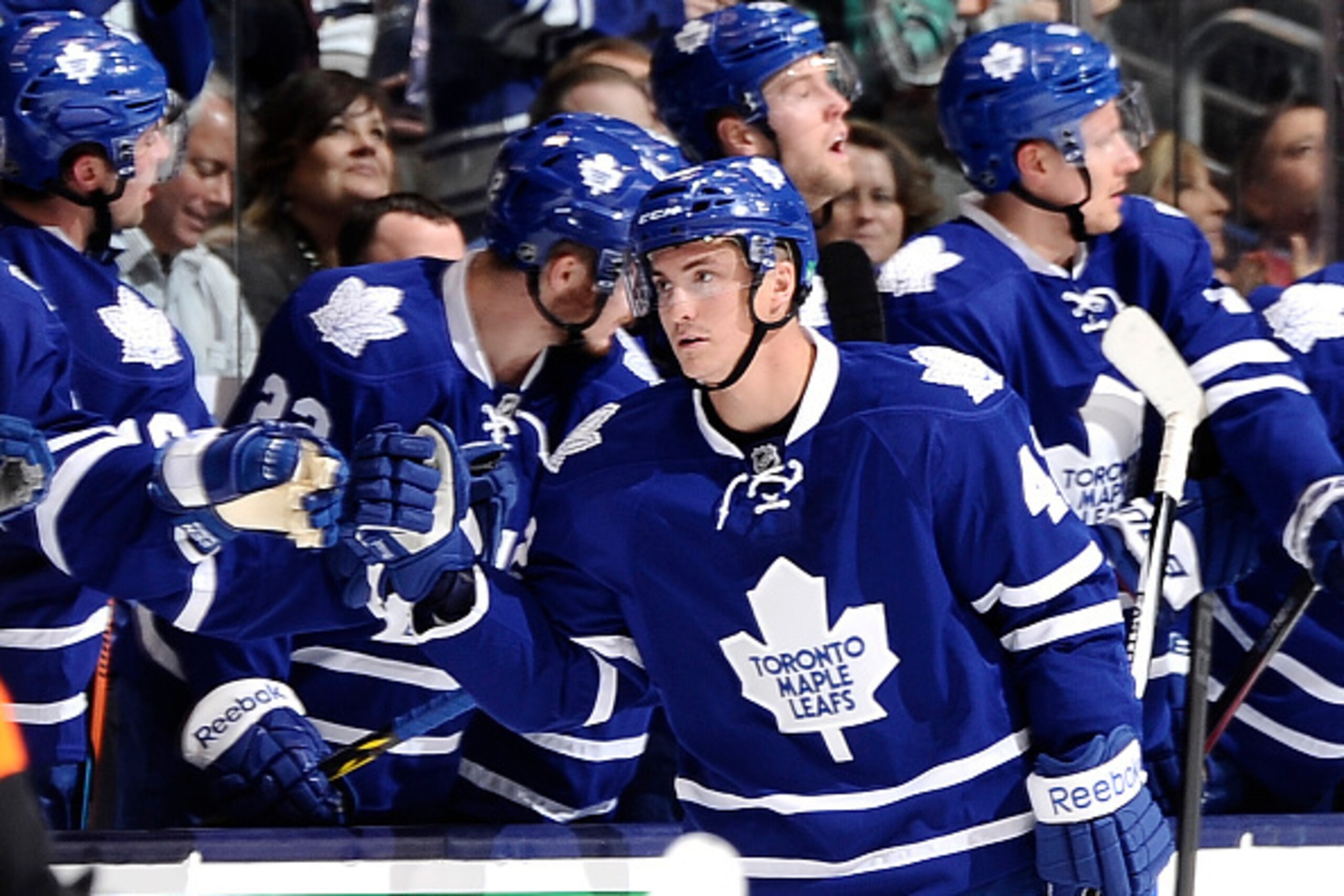 TORONTO , ON - FEBRUARY 26: Tyler Bozak #42 of the Toronto Maple Leafs celebrates his goal against the Philadelphia Flyers during game action on February 26, 2015 at Air Canada Centre in Toronto, Ontario, Canada. (Photo by Graig Abel/NHLI  via Getty Image