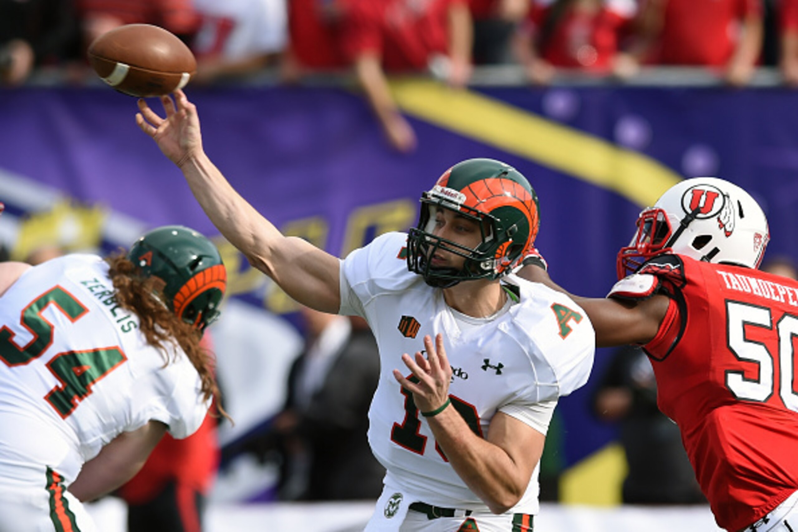 LAS VEGAS, NV - DECEMBER 20:  Quarterback Garrett Grayson #18 of the Colorado State Rams throws against the Utah Utes during the Royal Purple Las Vegas Bowl at Sam Boyd Stadium on December 20, 2014 in Las Vegas, Nevada.  (Photo by Ethan Miller/Getty Image