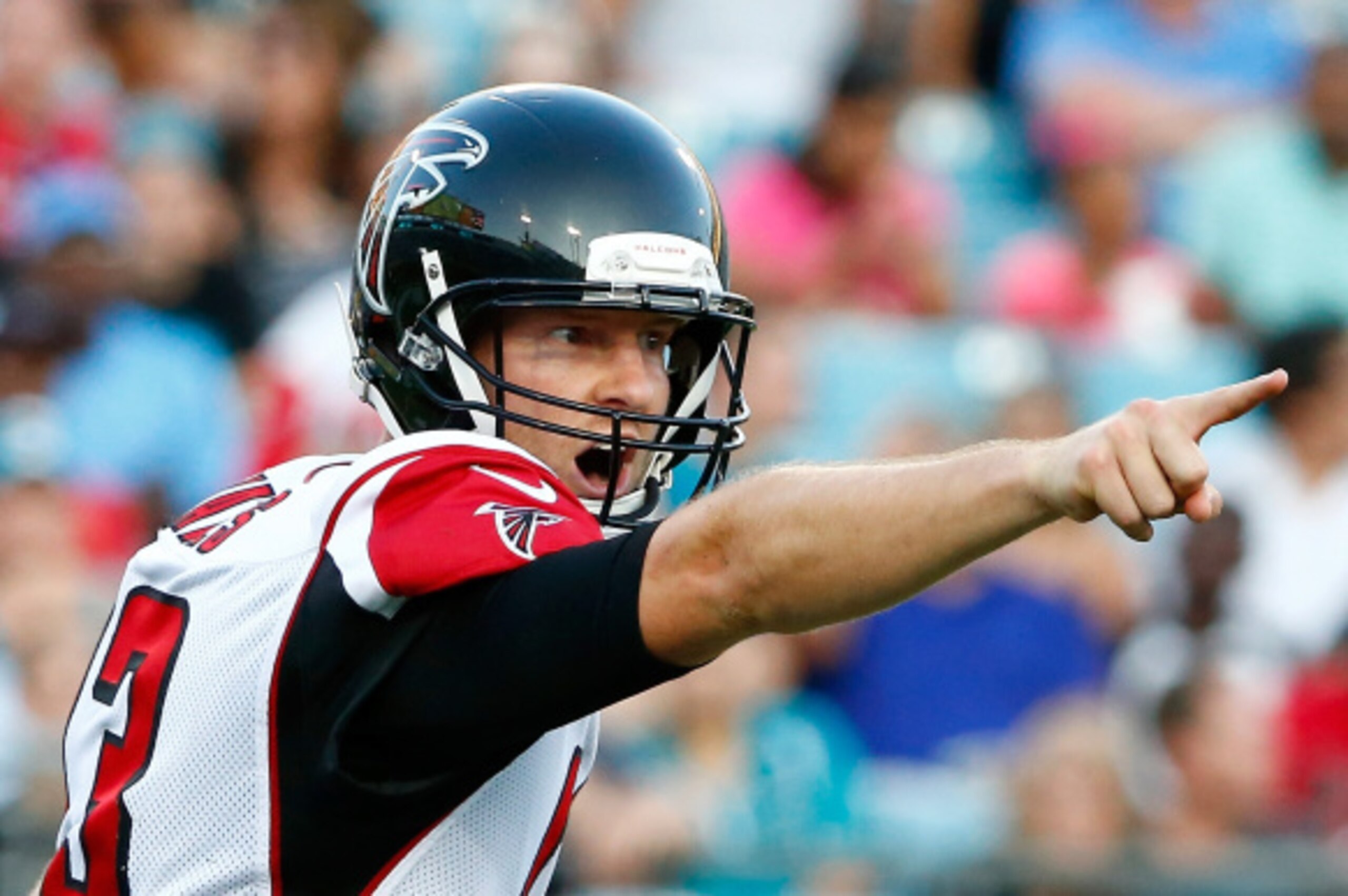 JACKSONVILLE, FL - AUGUST 28:  T.J. Yates #13 of the Atlanta Falcons points during the preseason NFL game against the Jacksonville Jaguars at EverBank Field on August 28, 2014 in Jacksonville, Florida.  (Photo by Sam Greenwood/Getty Images)