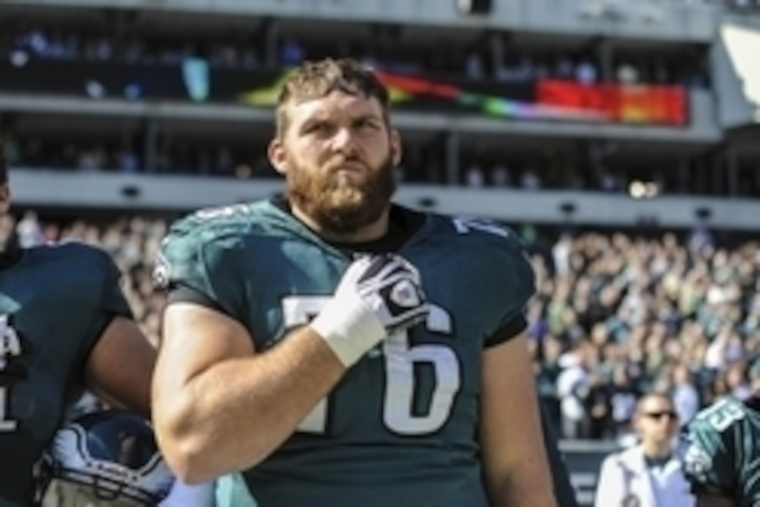 Oct 27, 2013; Philadelphia, PA, USA; Philadelphia Eagles tackle Allen Barbre (76) before the game between the Philadelphia Eagles and New York Giants at Lincoln Financial Field. Mandatory Credit: John Geliebter-USA TODAY Sports