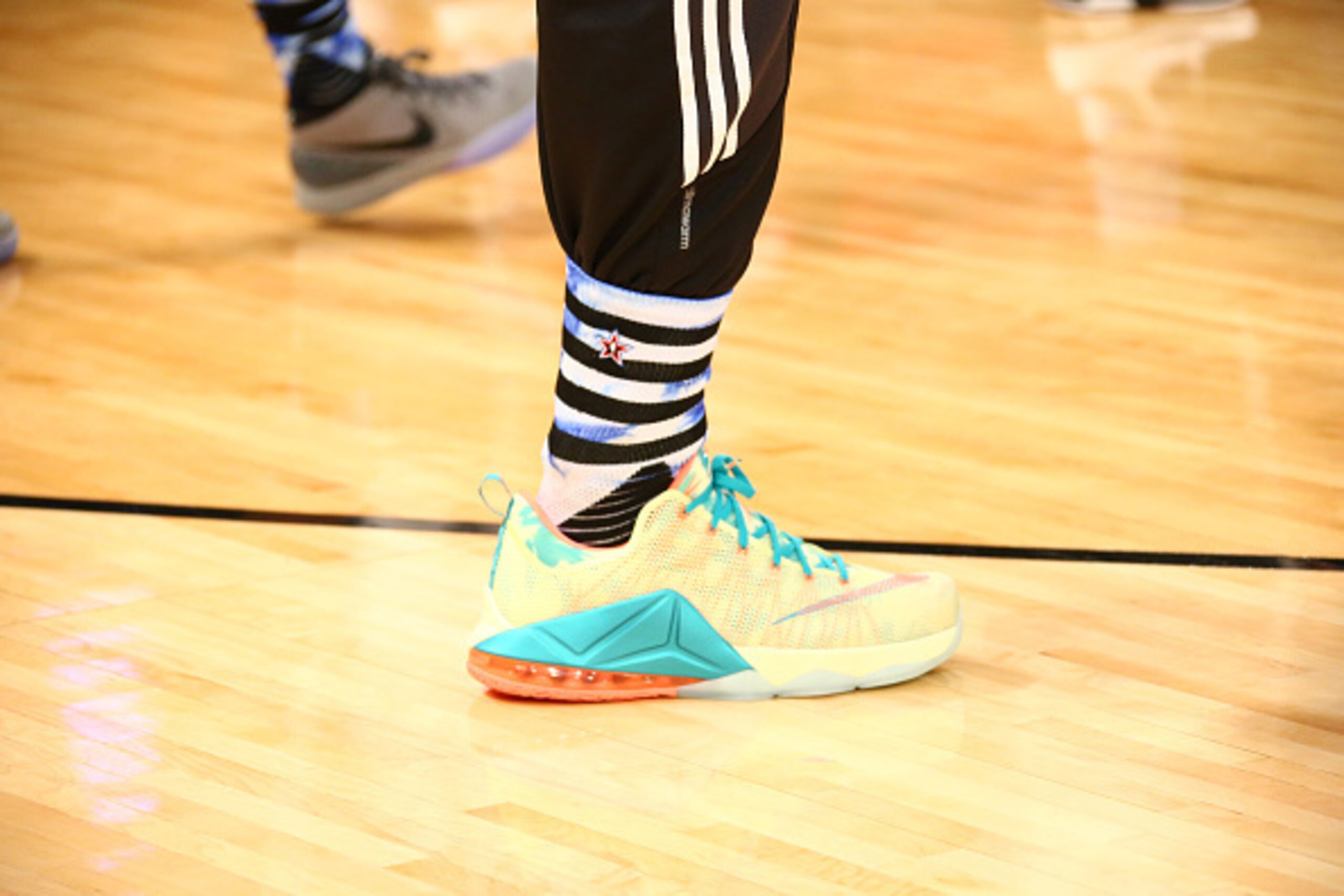 NEW YORK, NY - FEBRUARY 14: A close up of LeBron James of the Eastern Conference All-Stars sneaker during NBA All-Star Practice as part of 2015 All-Star Weekend at Madison Square Garden on February 14, 2015 in New York, New York. NOTE TO USER: User expres