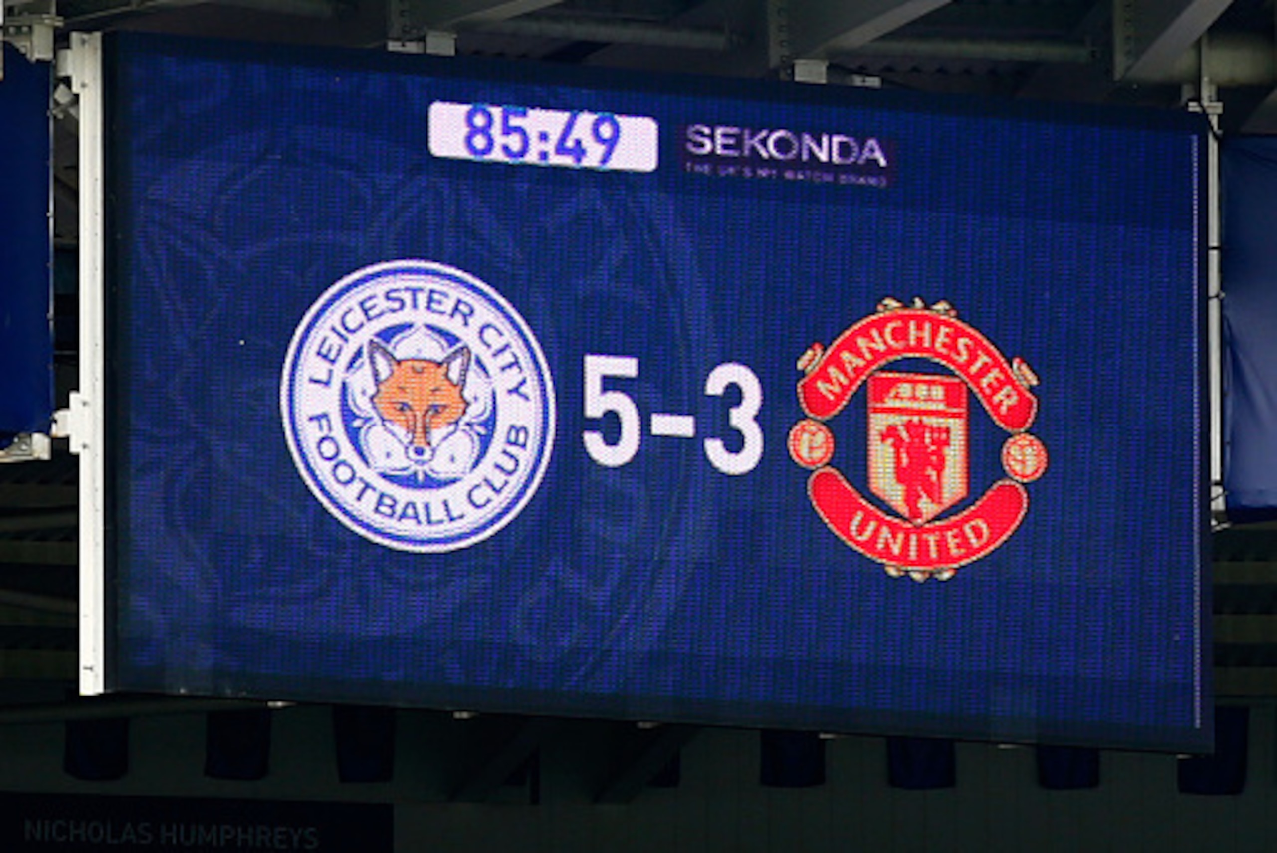 LEICESTER, ENGLAND - SEPTEMBER 21:  The stadium scoreboard dislpays the final score during the Barclays Premier League match between Leicester City and Manchester United at The King Power Stadium on September 21, 2014 in Leicester, England.  (Photo by Cli
