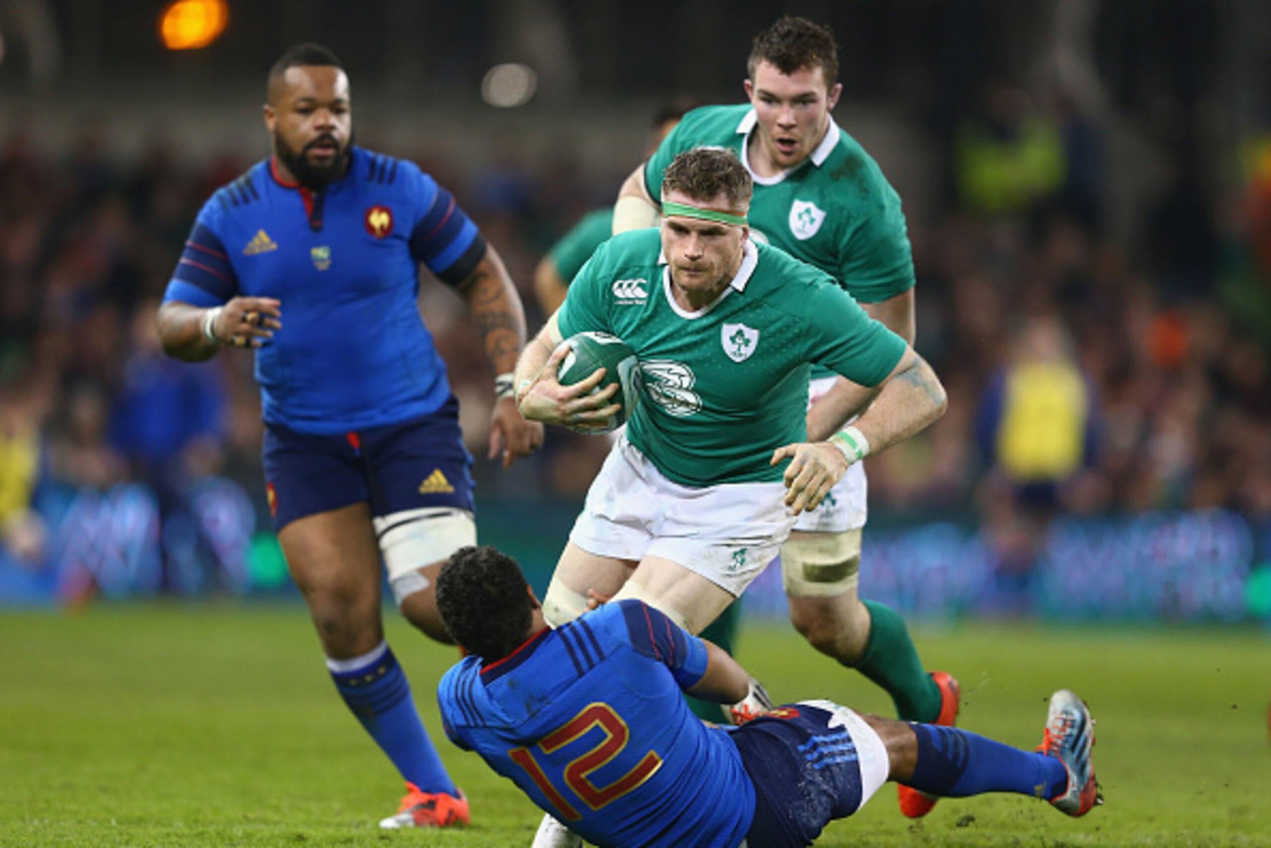 DUBLIN, IRELAND - FEBRUARY 14: Jamie Heaslip of Ireland is in control as Wesley Fofana of France challenges during the RBS Six Nations match between Ireland and France at the Aviva Stadium on February 14, 2015 in Dublin, Ireland.  (Photo by Michael Steele