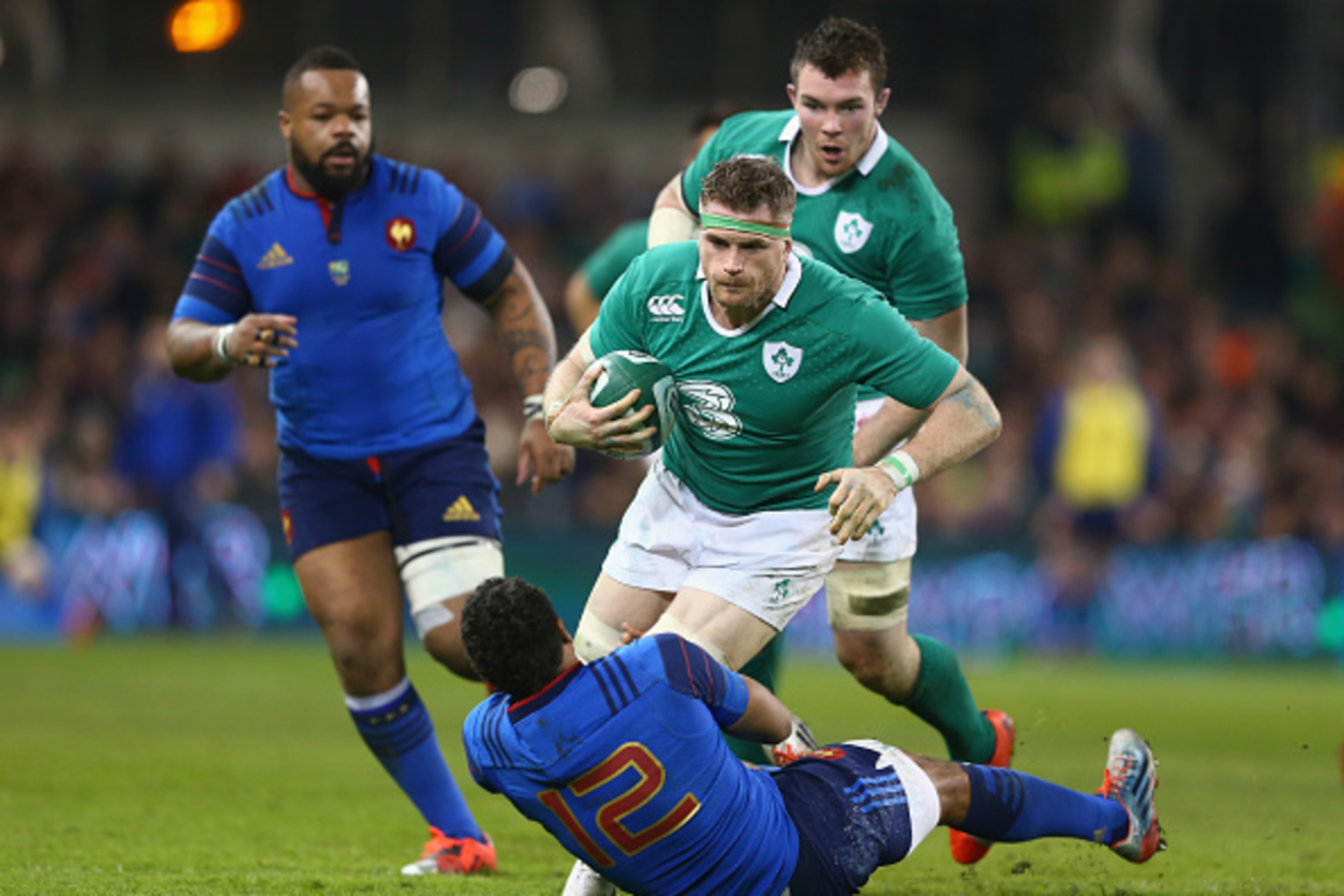 DUBLIN, IRELAND - FEBRUARY 14: Jamie Heaslip of Ireland is in control as Wesley Fofana of France challenges during the RBS Six Nations match between Ireland and France at the Aviva Stadium on February 14, 2015 in Dublin, Ireland.  (Photo by Michael Steele