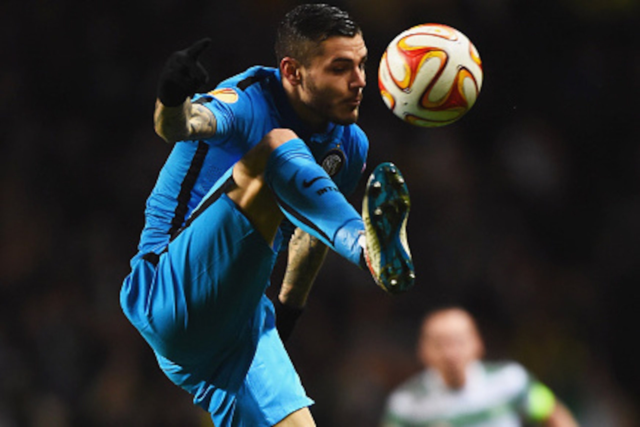 GLASGOW, SCOTLAND - FEBRUARY 19:  Mauro Icardi of Inter Milan in action during the UEFA Europa League Round of 32 first leg match between Celtic FC and FC Internazionale Milano at Celtic Park Stadium on February 19, 2015 in Glasgow, United Kingdom.  (Phot