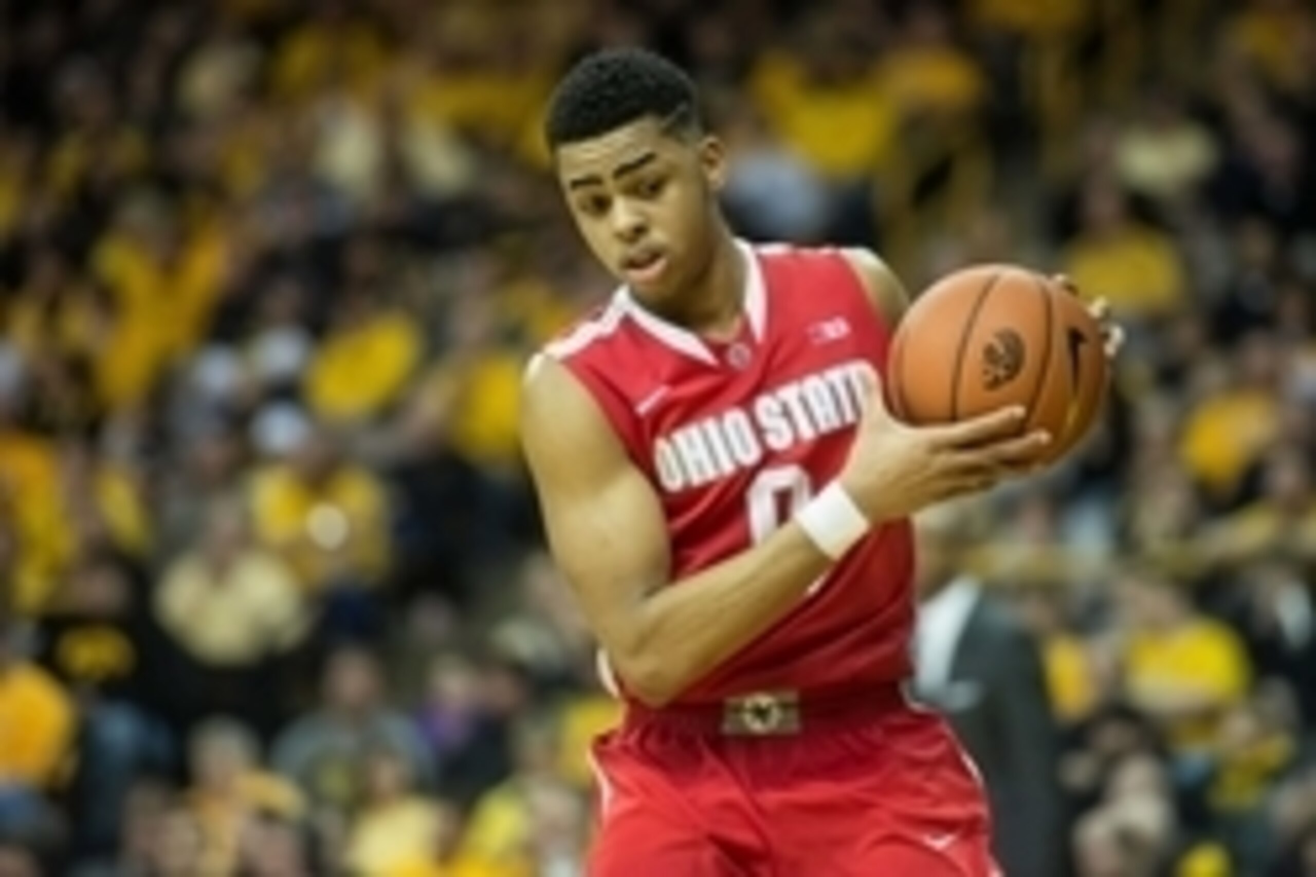 Jan 17, 2015; Iowa City, IA, USA; Ohio State Buckeyes guard D'Angelo Russell (0) handles the ball against the Iowa Hawkeyes during the second half at Carver-Hawkeye Arena. Iowa won 76-67. Mandatory Credit: Jeffrey Becker-USA TODAY Sports