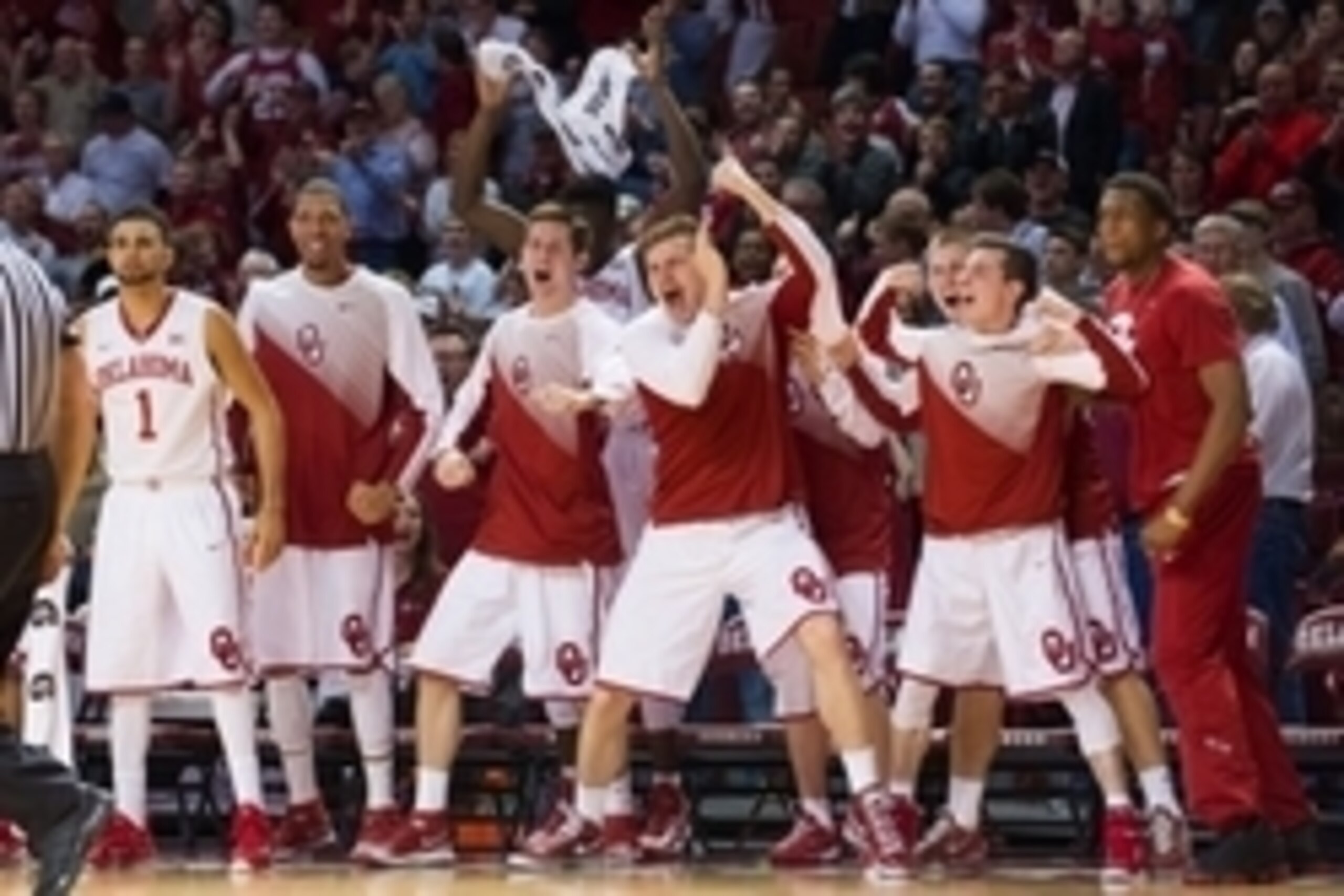 Feb 17, 2015; Norman, OK, USA; Oklahoma Sooners bench reacts to a play during the game against the Texas Longhorns at Lloyd Noble Center. Sooners won 71-69. Mandatory Credit: Rob Ferguson-USA TODAY Sports