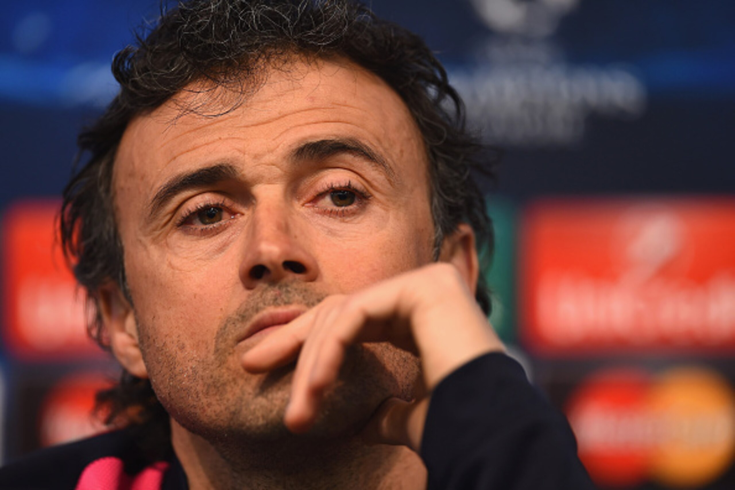 MANCHESTER, ENGLAND - FEBRUARY 23:  Manager Luis Enrique of Barcelona looks on during a Barcelona press conference ahead of the UEFA Champions League round of 16 first leg match against Manchester City at Etihad Stadium on February 23, 2015 in Manchester,