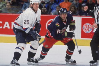 30 Oct 2001:  Center Mike Sillinger #16 of the Columbus Blue Jackets skates towards the play against right wing Trent Klatt #26 of the Vancouver Canucks during the NHL game at GM Place in Vancouver, Canada.  The Canucks defeated the Blue Jackets 3-1.  Man