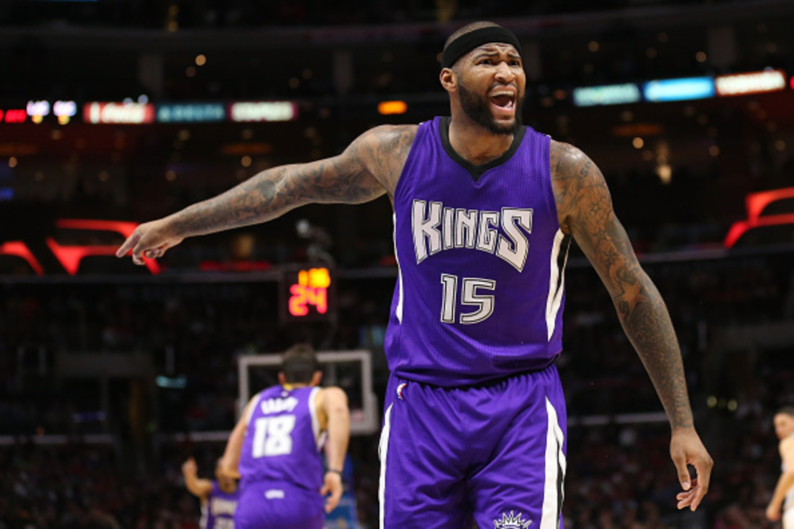 LOS ANGELES, CA - FEBRUARY 21:  DeMarcus Cousins #15 of the Sacramento Kings complains to a referee in the game with the Los Angeles Clippers at Staples Center on February 21, 2015 in Los Angeles, California.  NOTE TO USER: User expressly acknowledges and