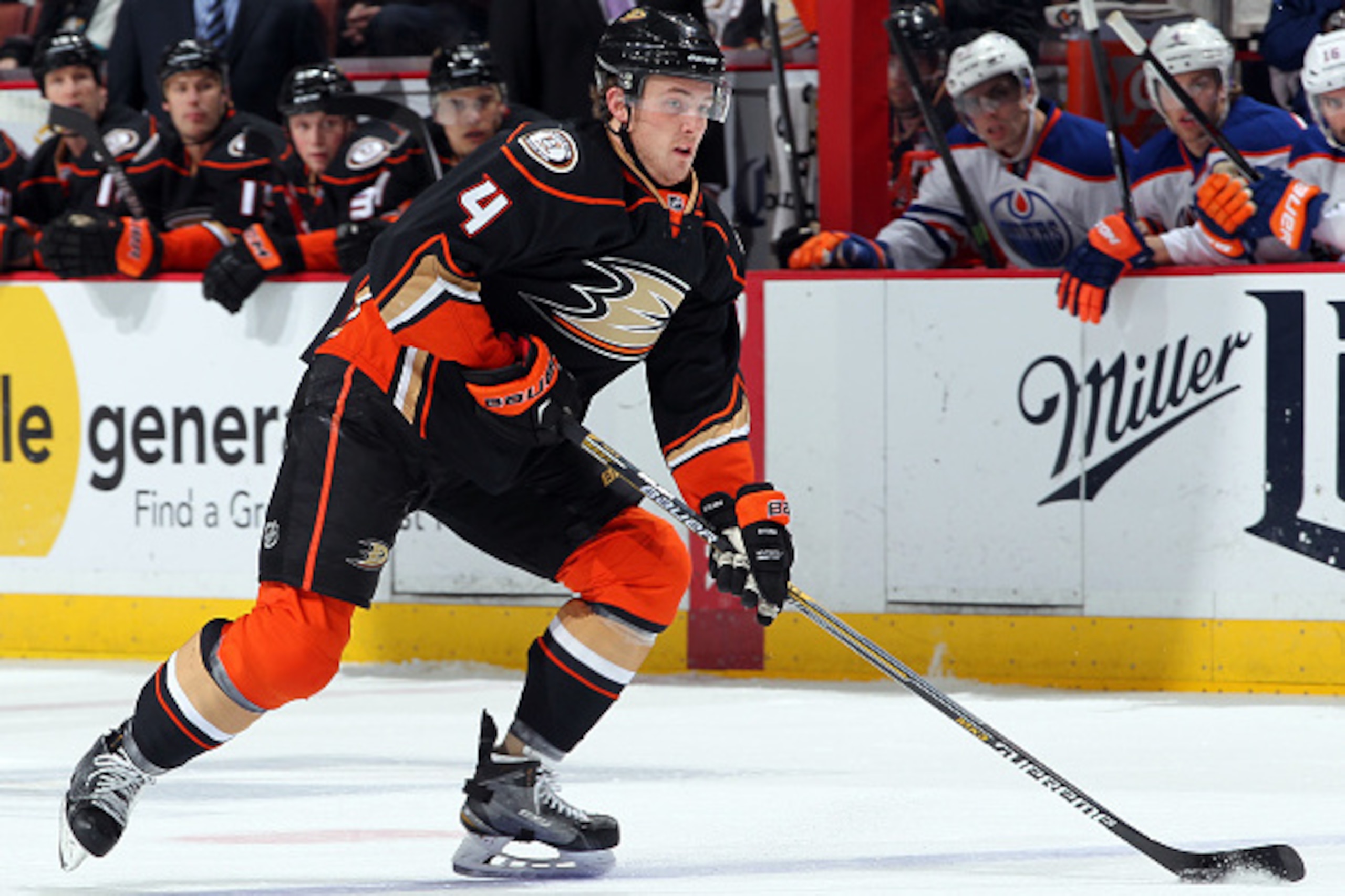 ANAHEIM, CA - DECEMBER 10:  Cam Fowler #4 of the Anaheim Ducks handles the puck against the Edmonton Oilers on December 10, 2014 at Honda Center in Anaheim, California. (Photo by Debora Robinson/NHLI via Getty Images)
