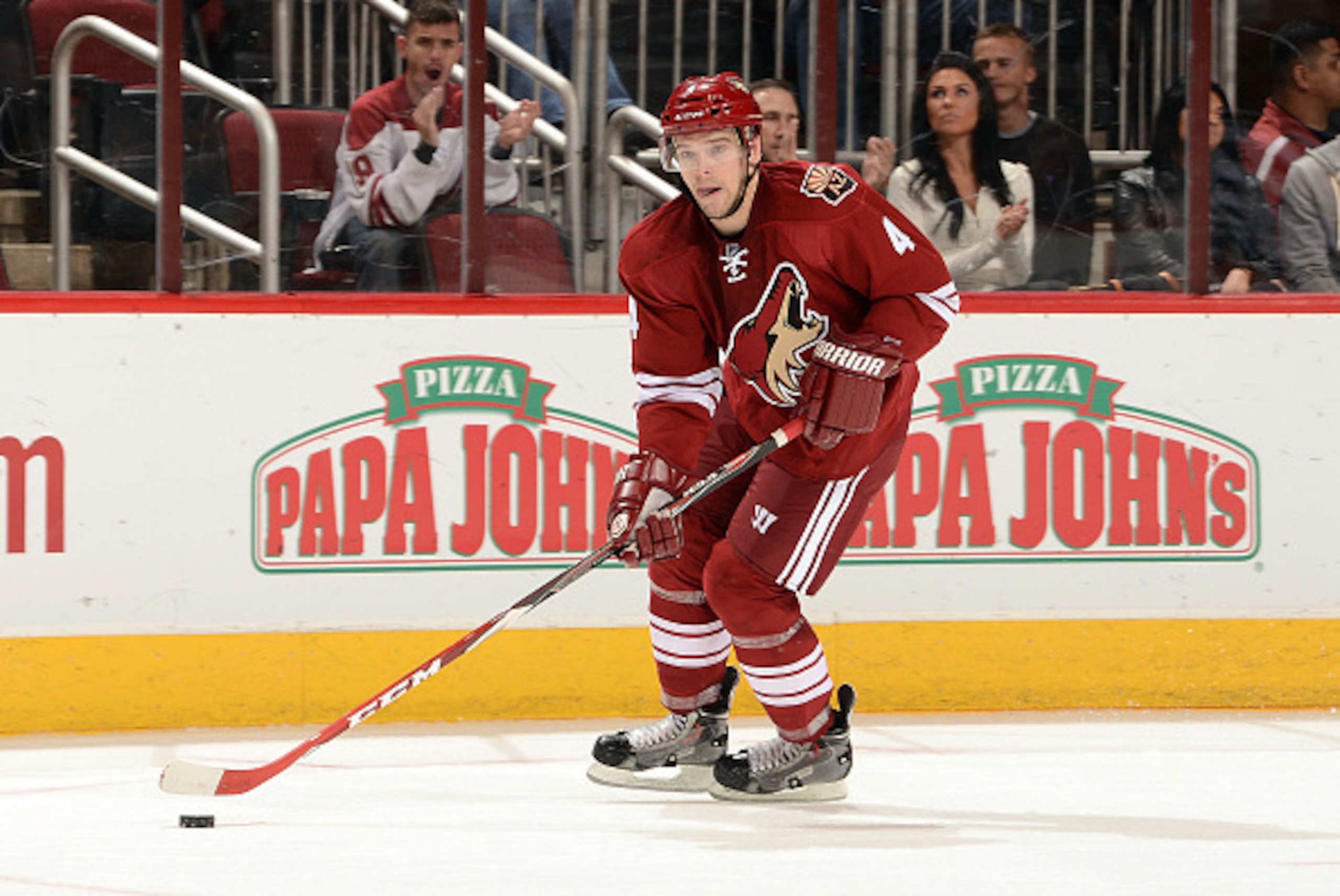 GLENDALE, AZ - JANUARY 13: Zbynek Michalek #4 of the Arizona Coyotes skates with the puck against the San Jose Sharks at Gila River Arena on January 13, 2015 in Glendale, Arizona. (Photo by Norm Hall/NHLI via Getty Images)