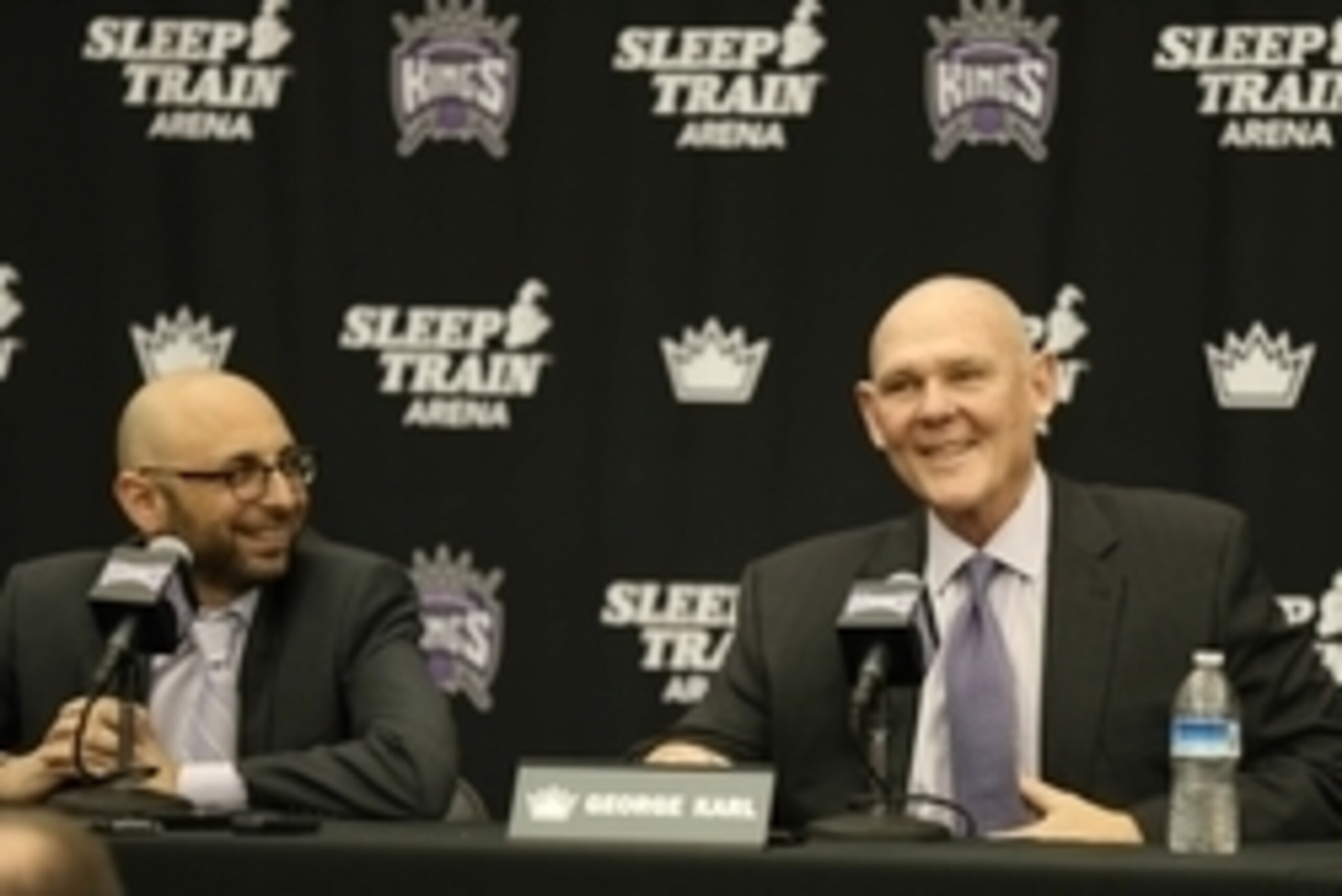 Feb 17, 2015; Sacramento, CA, USA; Sacramento Kings head coach George Karl addresses the media with general manager Pete D'Alessandro during the press conference to formally announce Karl as new head coach of the Sacramento Kings at the Kings Practice Fac