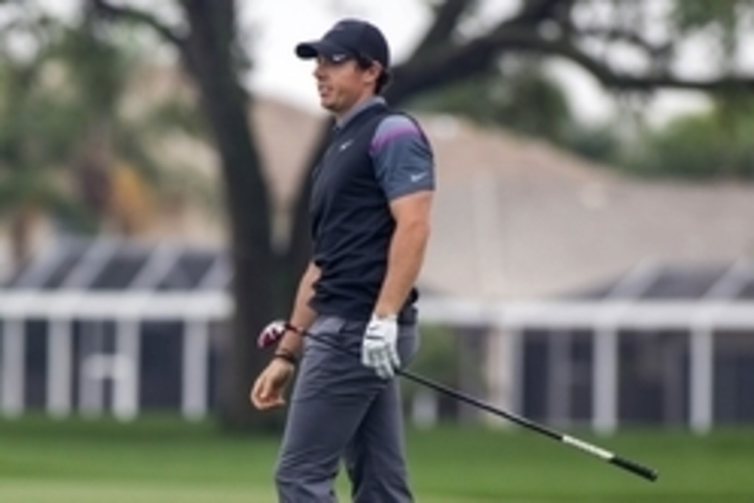Feb 27, 2015; Palm Beach Gardens, FL, USA; Rory McIlroy reacts after his second shot on the 18th hole during the second round of the Honda Classic at PGA National GC Champion Course. Mandatory Credit: Peter Casey-USA TODAY Sports