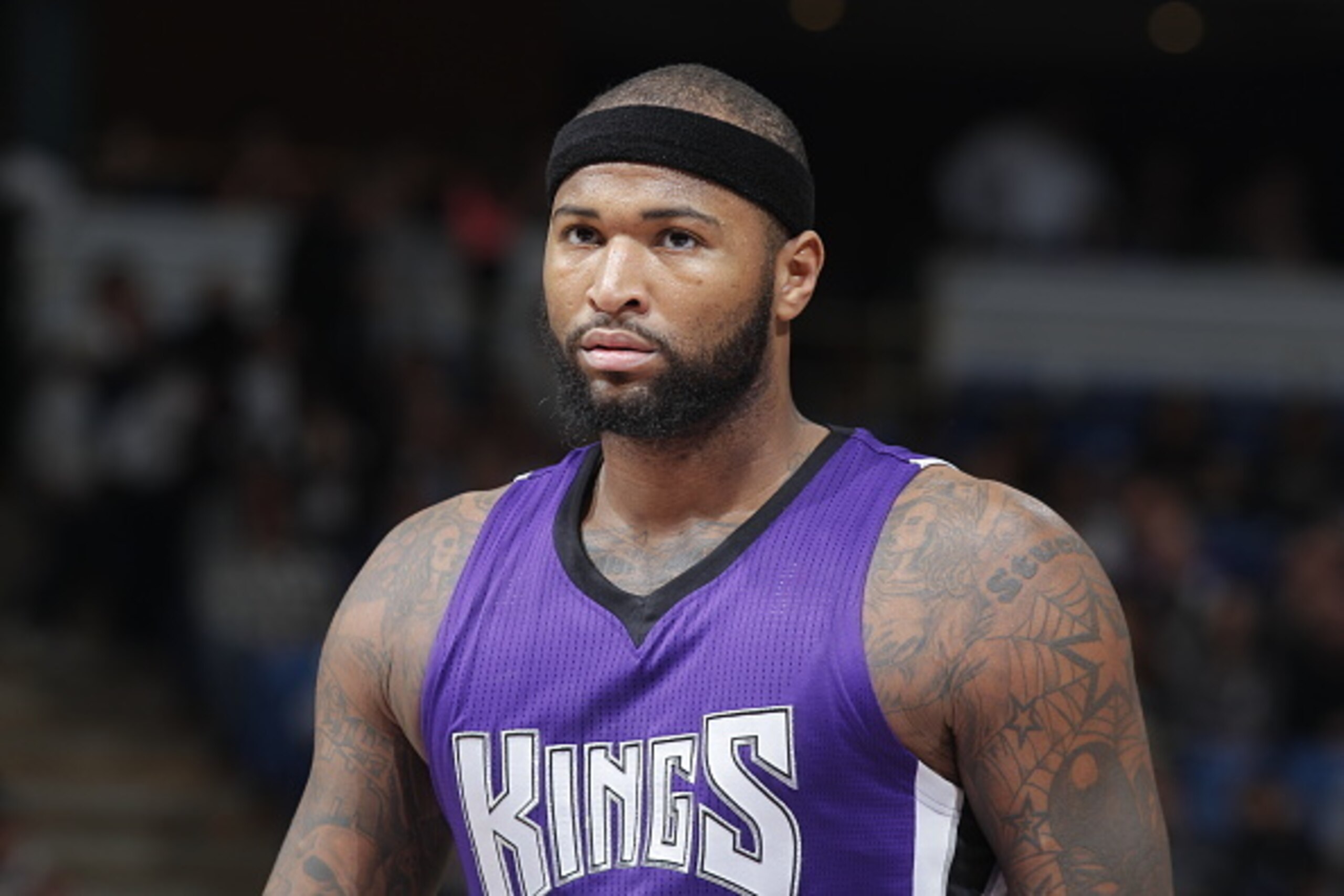 SACRAMENTO, CA - FEBRUARY 25: DeMarcus Cousins #15 of the Sacramento Kings looks on during the game against the Memphis Grizzlies on February 25, 2015 at Sleep Train Arena in Sacramento, California. NOTE TO USER: User expressly acknowledges and agrees tha