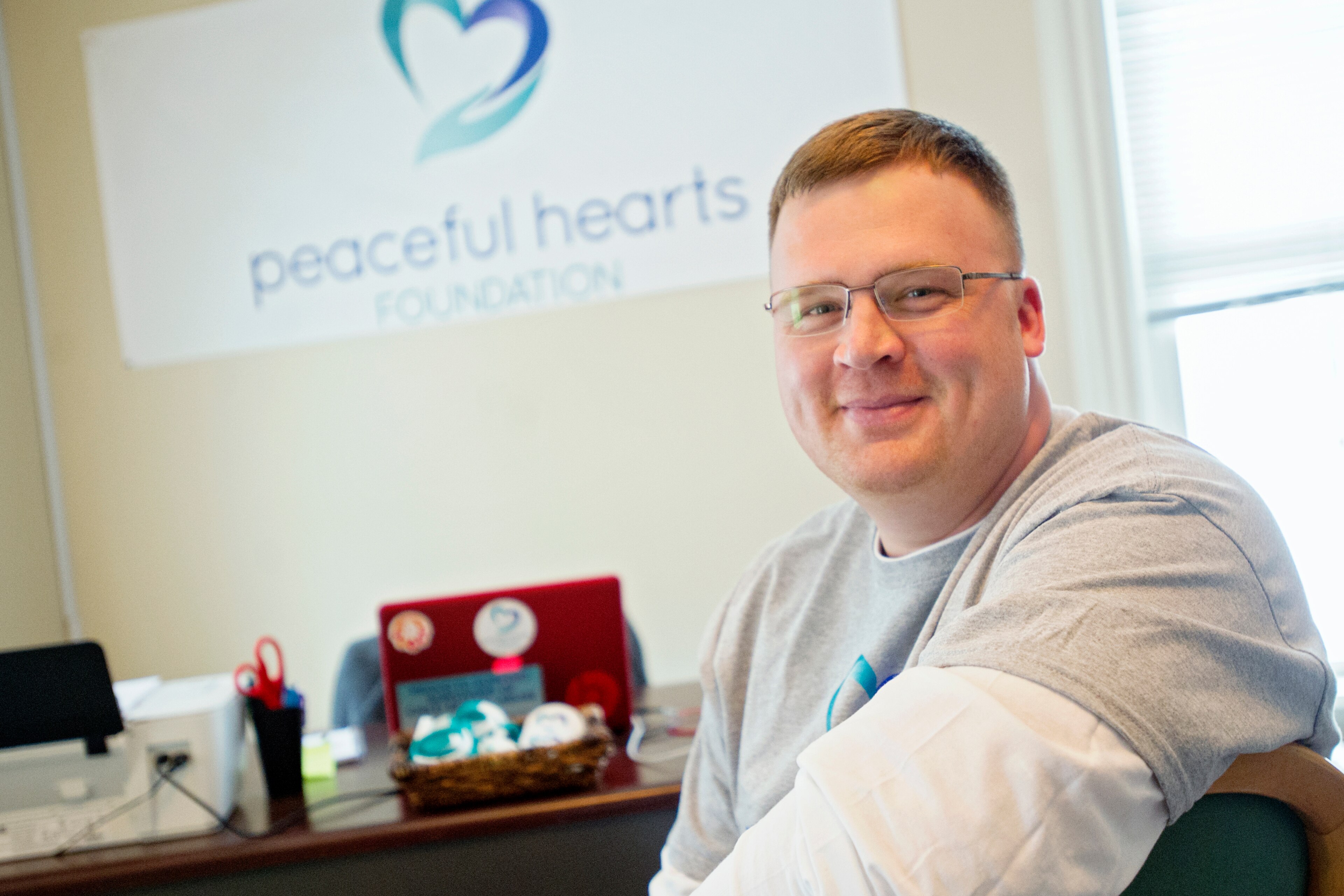 Matt Sandusky at the office for Peaceful Hearts.