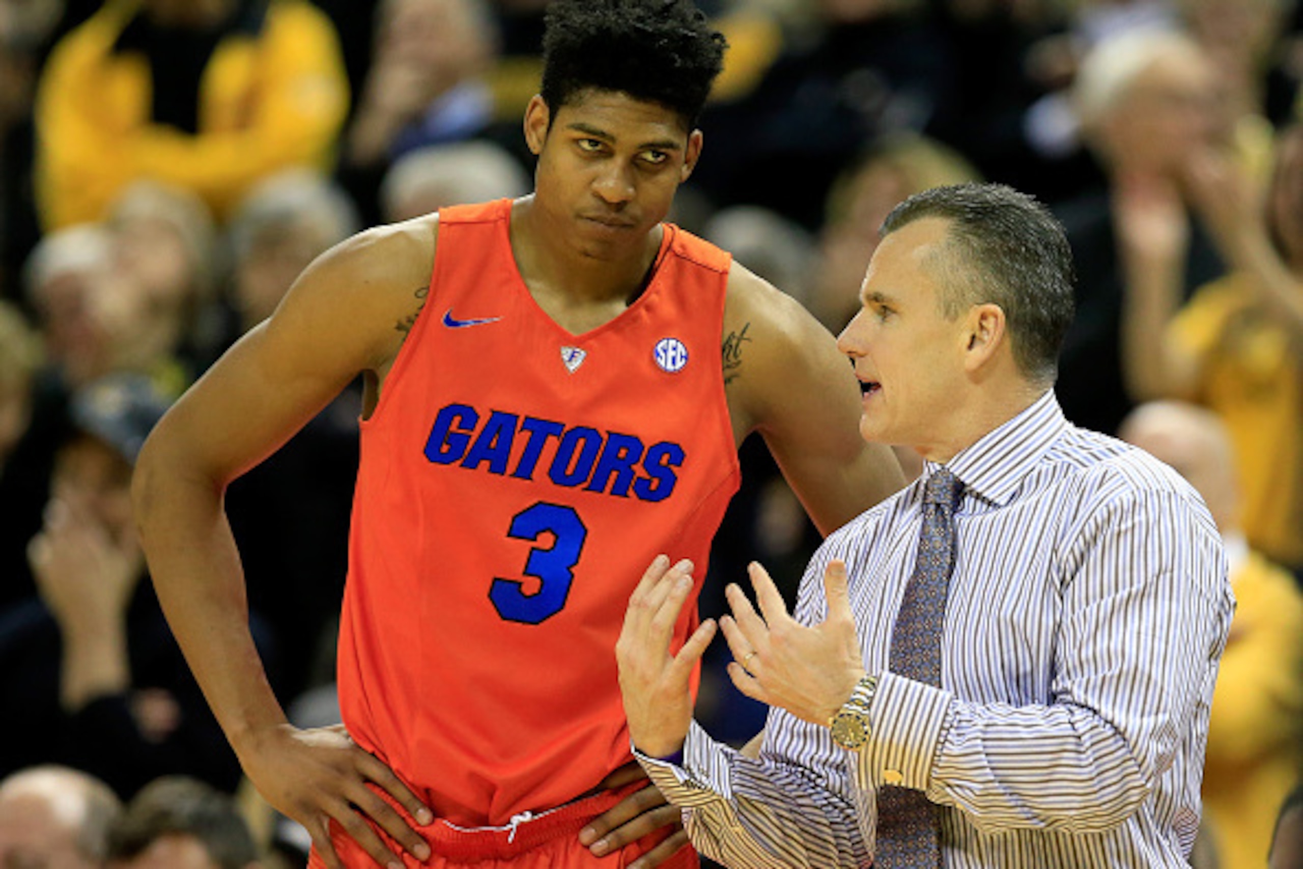 COLUMBIA, MO - FEBRUARY 24:  Head coach Billy Donovan of the Florida Gators talks with Devin Robinson #3 during the game against the Missouri Tigers at Mizzou Arena on February 24, 2015 in Columbia, Missouri.  (Photo by Jamie Squire/Getty Images)