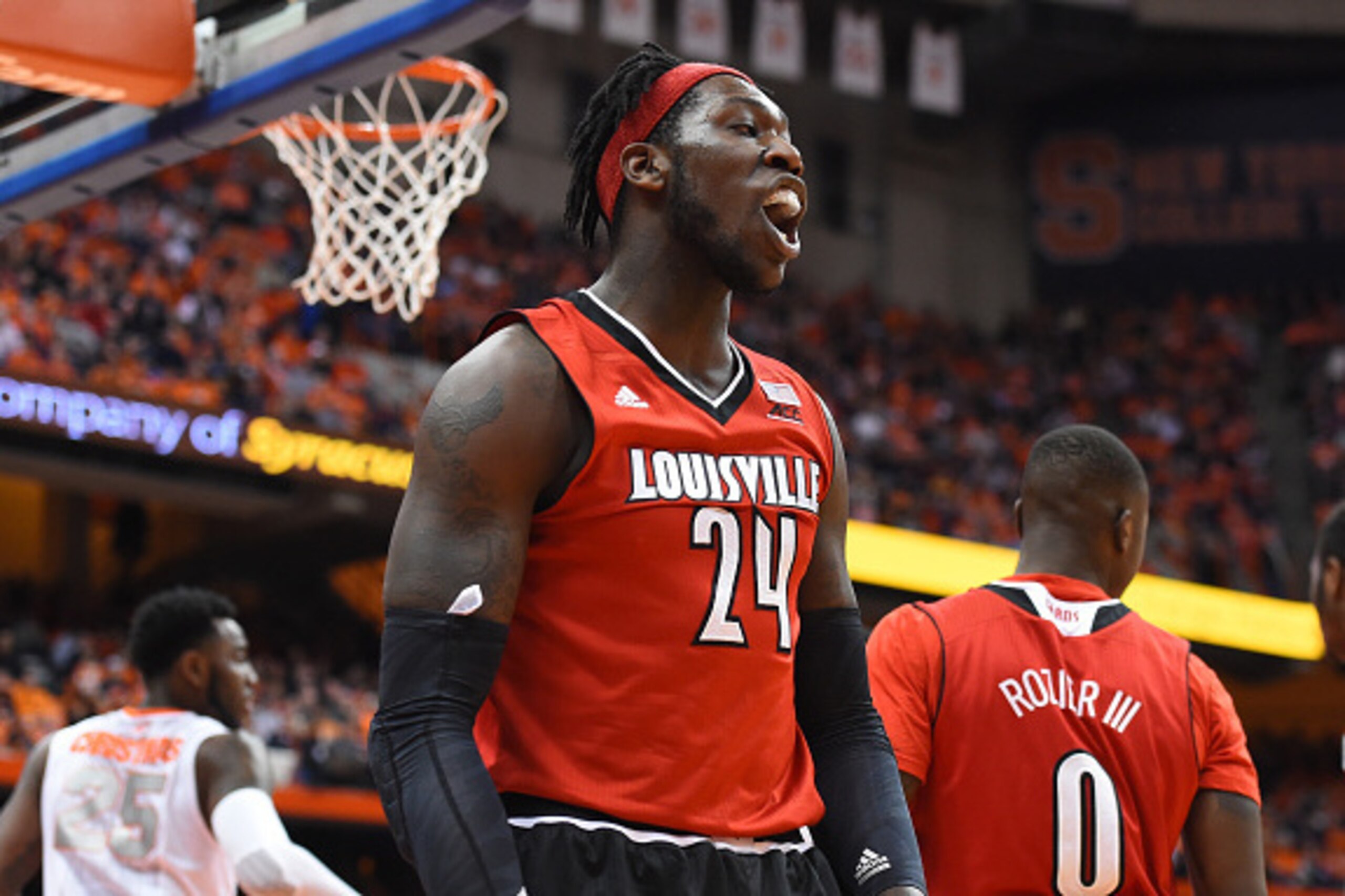 SYRACUSE, NY - FEBRUARY 18: Montrezl Harrell #24 of the Louisville Cardinals reacts to a play against the Syracuse Orange during the first half at the Carrier Dome on February 18, 2015 in Syracuse, New York. (Photo by Rich Barnes/Getty Images)