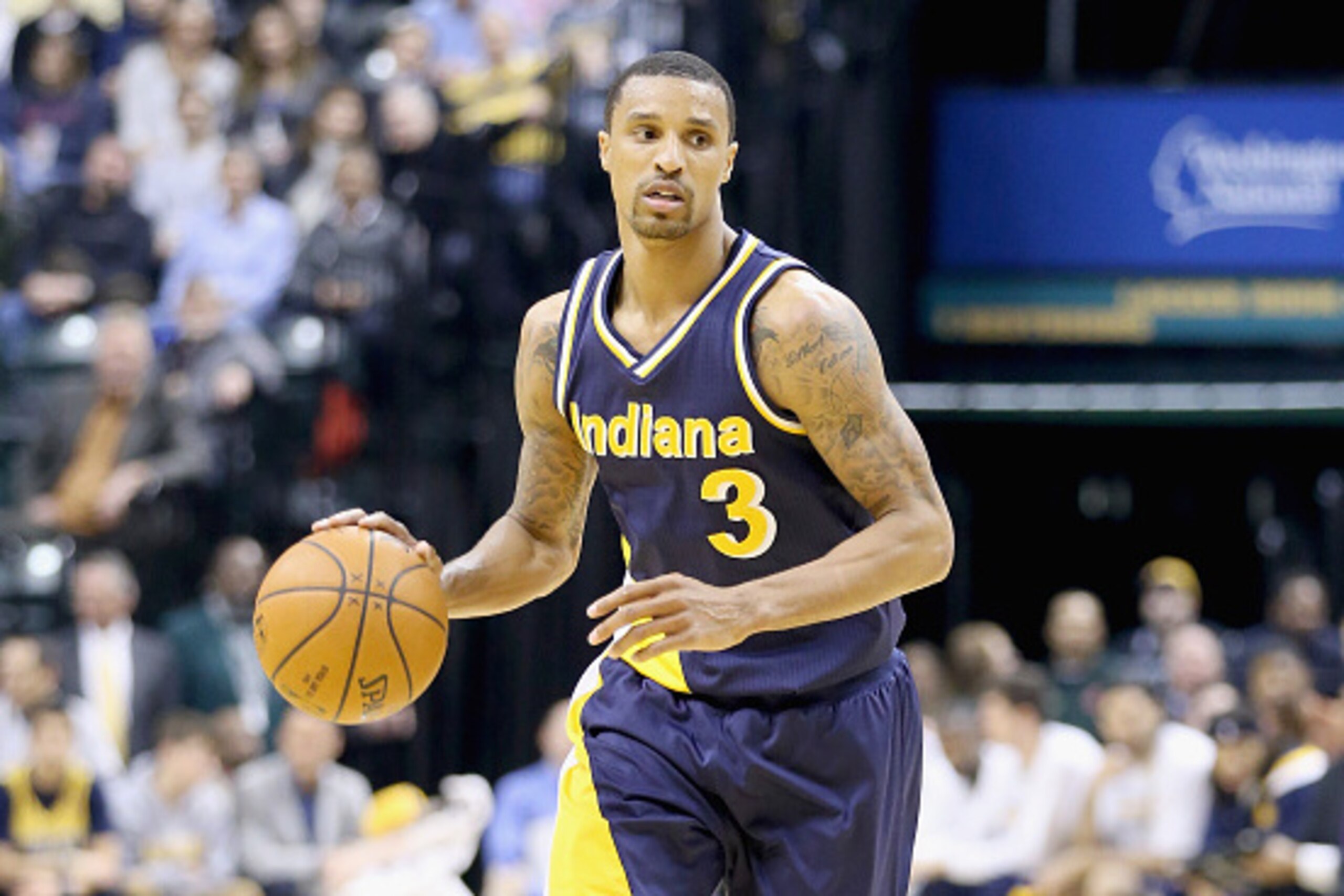INDIANAPOLIS, IN - FEBRUARY 27: George Hill #3 of the Indiana Pacers dribbles the ball during the game against the Cleveland Cavaliers on February 27, 2015 in Indianapolis, Indiana. NOTE TO USER: User expressly acknowledges and agrees that, by download INDIANAPOLIS, IN - FEBRUARY 27: George Hill #3 of the Indiana Pacers dribbles the ball during the game against the Cleveland Cavaliers on February 27, 2015 in Indianapolis, Indiana. NOTE TO USER: User expressly acknowledges and agrees that, by download
