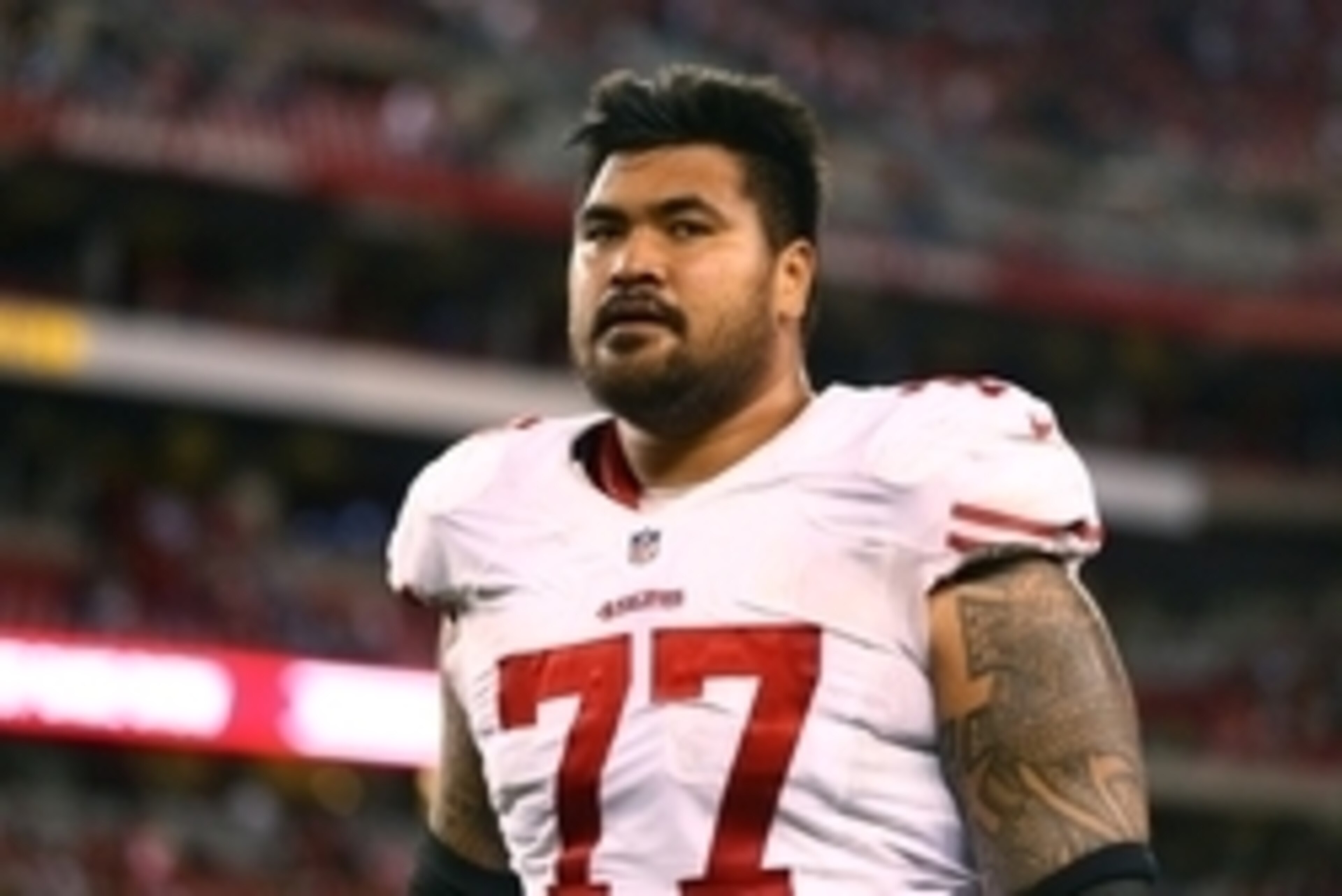Dec 29, 2013; Phoenix, AZ, USA; San Francisco 49ers guard Mike Iupati (77) against the Arizona Cardinals at University of Phoenix Stadium. Mandatory Credit: Mark J. Rebilas-USA TODAY Sports Dec 29, 2013; Phoenix, AZ, USA; San Francisco 49ers guard Mike Iupati (77) against the Arizona Cardinals at University of Phoenix Stadium. Mandatory Credit: Mark J. Rebilas-USA TODAY Sports