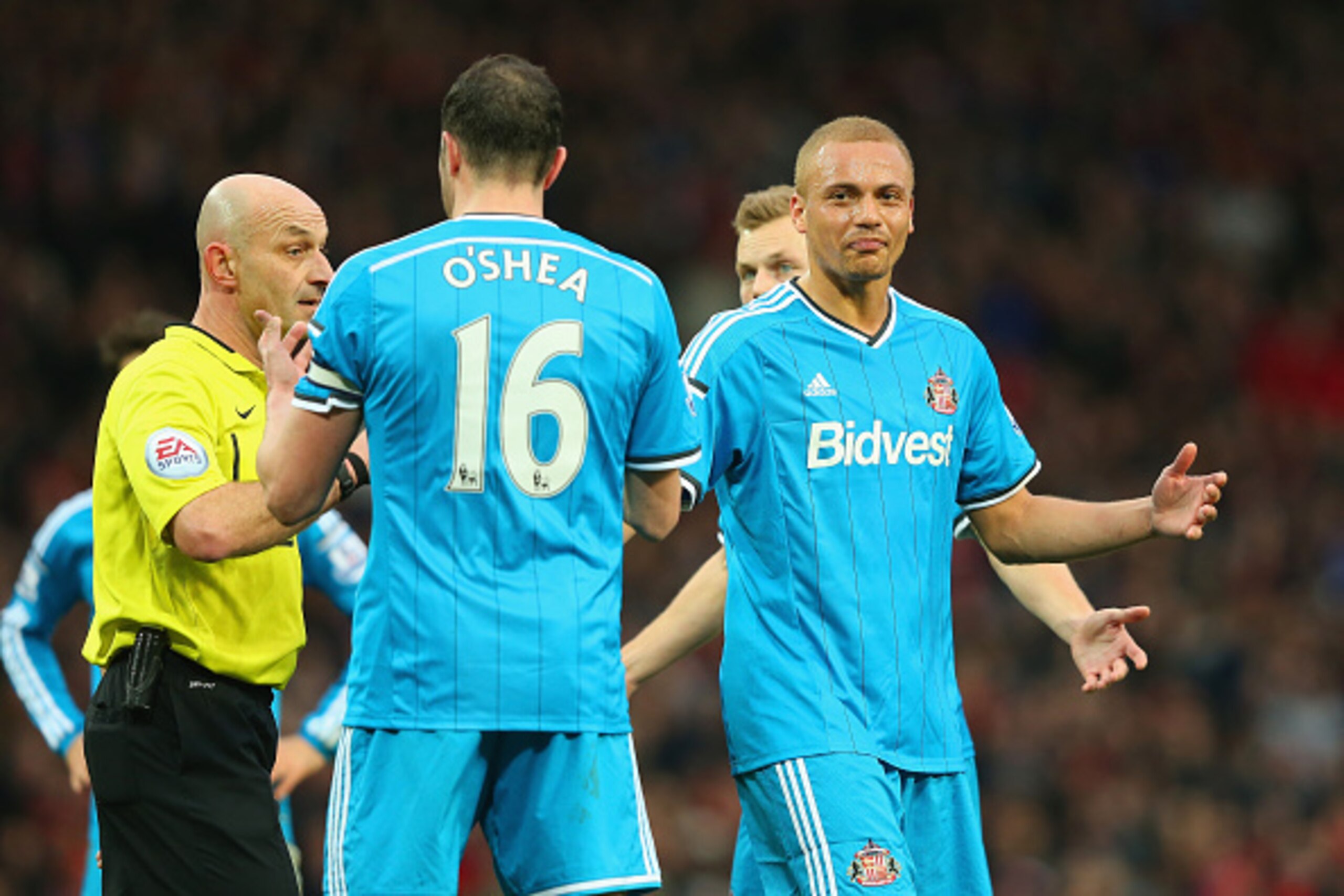 MANCHESTER, ENGLAND - FEBRUARY 28: Wes Brown of Sunderland reacts after being shown a straight red card by Refere  Roger East for a challenge on Radamel Falcao García of Manchester United during the Barclays Premier League match between Manchester United 