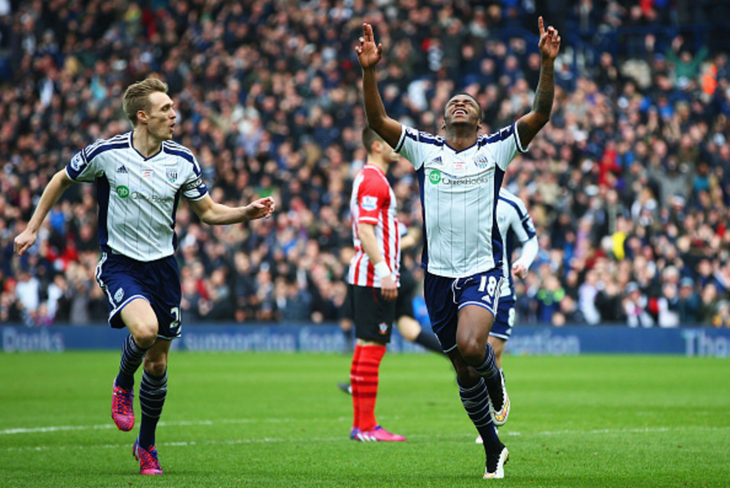 WEST BROMWICH, ENGLAND - FEBRUARY 28:  Saido Berahino of West Bromwich Albion (R) celebrates with Darren Fletcher (L) as he scores their first goal during the Barclays Premier League match between West Bromwich Albion and Southampton at The Hawthorns on F