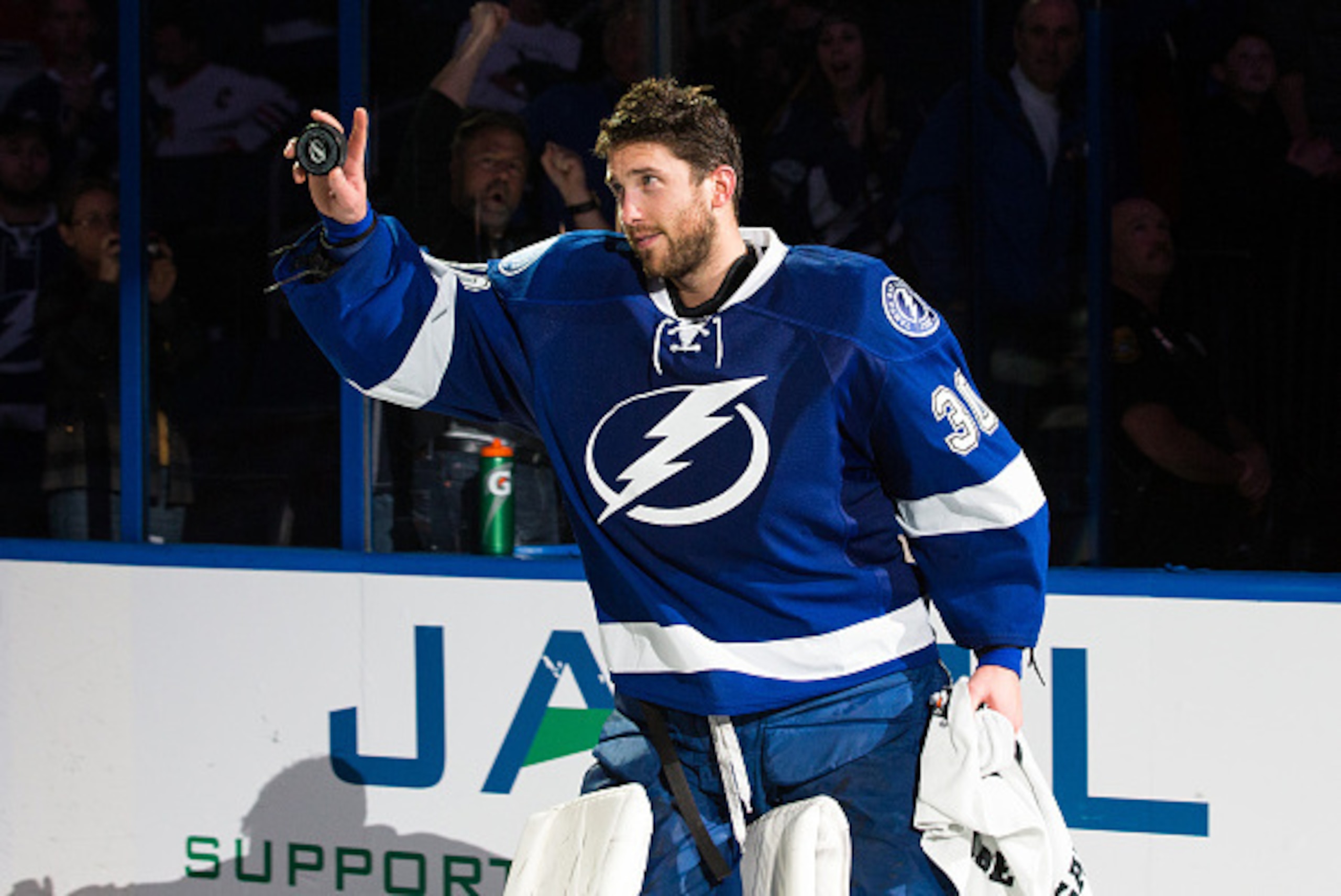 TAMPA, FL - FEBRUARY 27: Goalie Ben Bishop #30 of the Tampa Bay Lightning thank fans for their support after the win against the Chicago Blackhawks at the Amalie Arena on February 27, 2015 in Tampa, Florida.  (Photo by Scott Audette/NHLI via Getty Images)