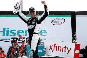 HAMPTON, GA - FEBRUARY 28:  Kevin Harvick, driver of the #88 Bad Boy Buggies Chevrolet, celebrates in victory lane after winning the NASCAR XFINITY Series Hisense 250 at Atlanta Motor Speedway on February 28, 2015 in Hampton, Georgia.  (Photo by Jeff Zele