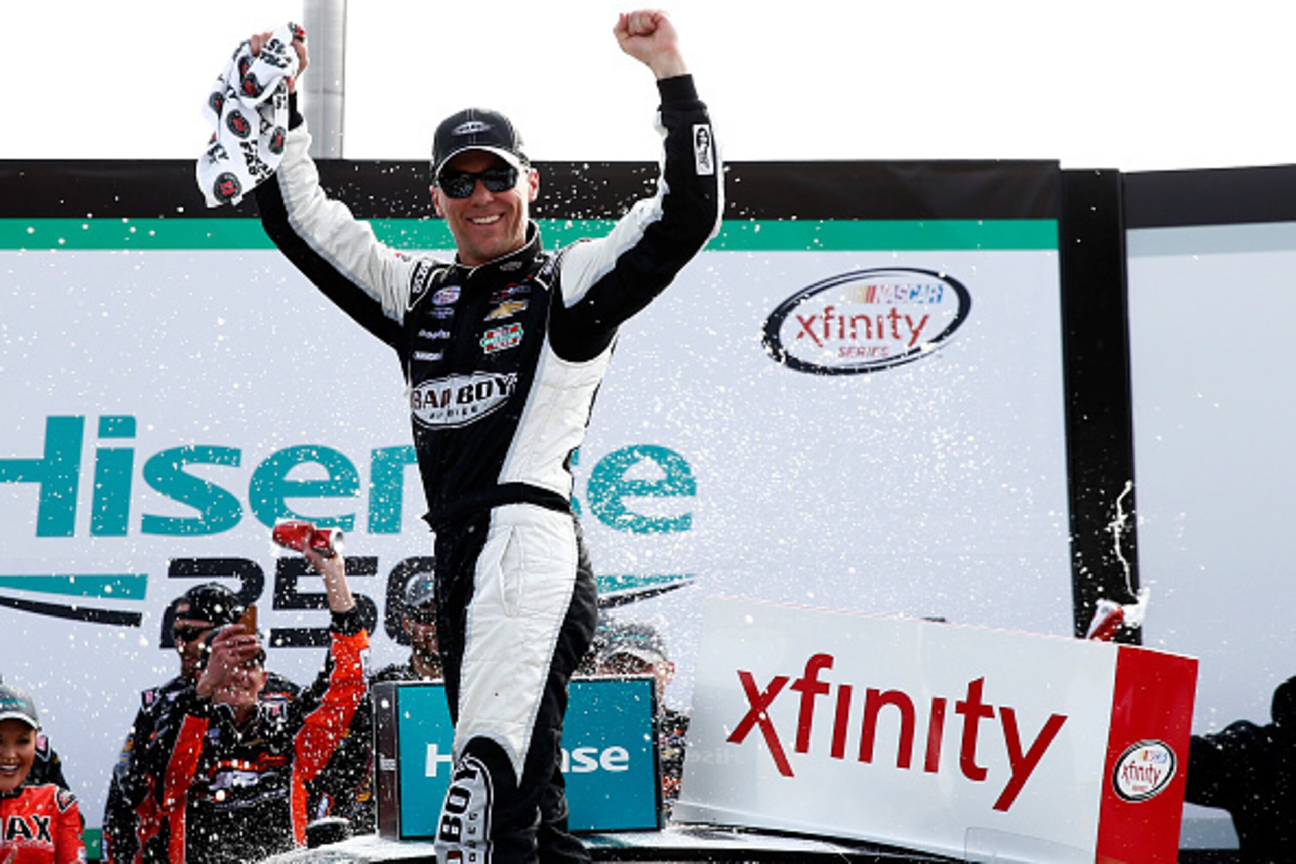 HAMPTON, GA - FEBRUARY 28:  Kevin Harvick, driver of the #88 Bad Boy Buggies Chevrolet, celebrates in victory lane after winning the NASCAR XFINITY Series Hisense 250 at Atlanta Motor Speedway on February 28, 2015 in Hampton, Georgia.  (Photo by Jeff Zele