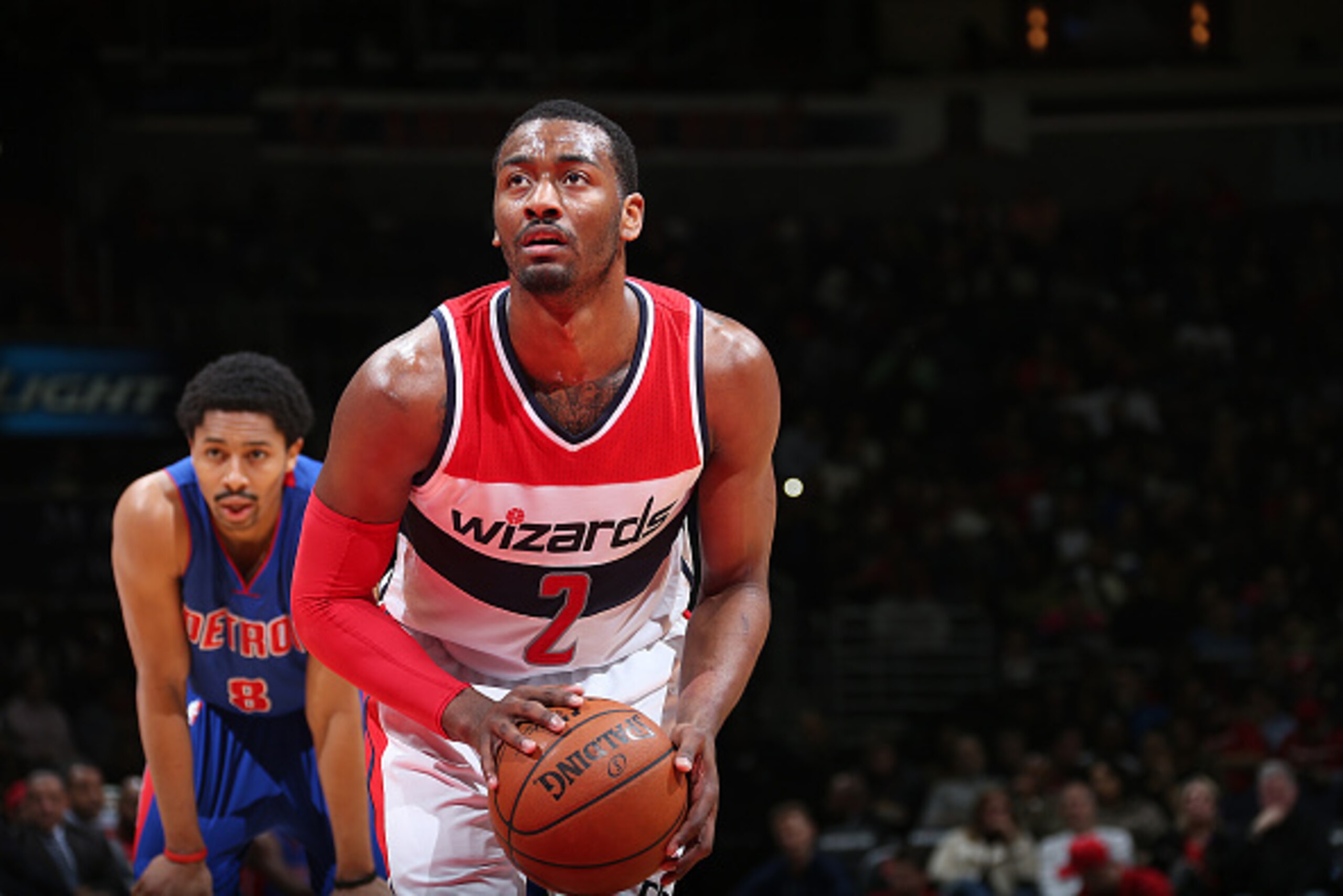 WASHINGTON, DC - FEBRUARY 28: John Wall #2 of the Washington Wizards shoots a free throw against the Detroit Pistons during the game on February 28, 2015 at Verizon Center in Washington, DC. NOTE TO USER: User expressly acknowledges and agrees that, by WASHINGTON, DC - FEBRUARY 28: John Wall #2 of the Washington Wizards shoots a free throw against the Detroit Pistons during the game on February 28, 2015 at Verizon Center in Washington, DC. NOTE TO USER: User expressly acknowledges and agrees that, by