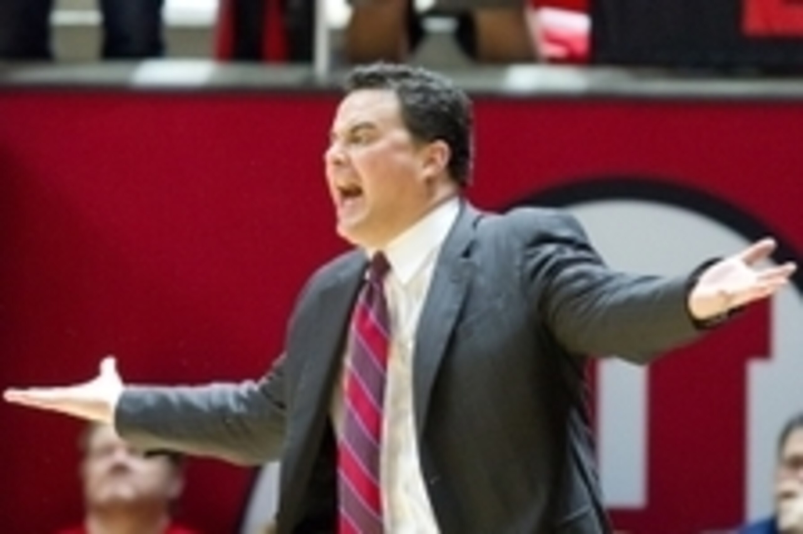 Feb 28, 2015; Salt Lake City, UT, USA; Arizona Wildcats head coach Sean Miller reacts during the first half against the Utah Utes at Jon M. Huntsman Center. Mandatory Credit: Russ Isabella-USA TODAY Sports