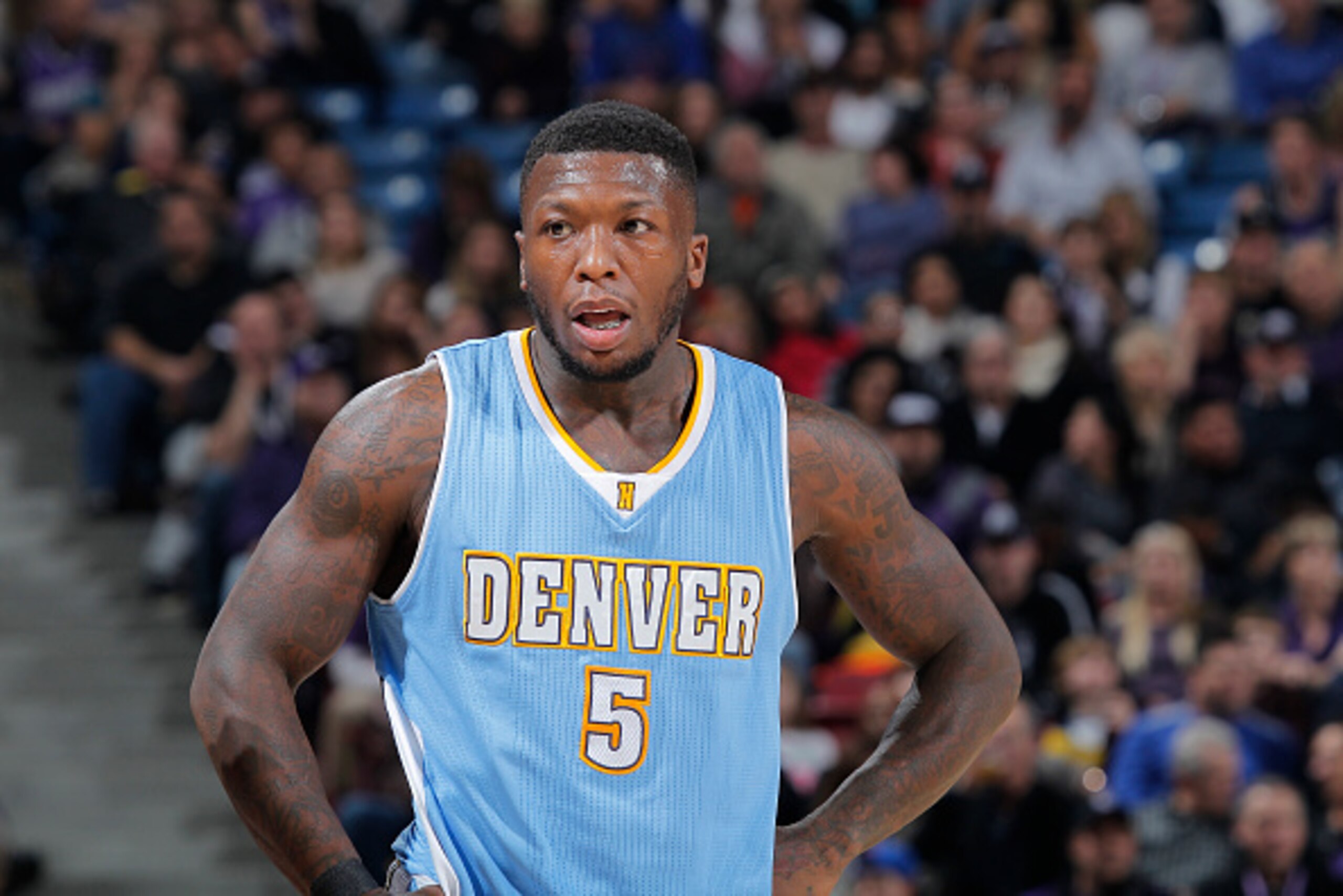 SACRAMENTO, CA - JANUARY 9: Nate Robinson #5 of the Denver Nuggets stands on the court during the game against the Sacramento Kings on January 9, 2015 at Sleep Train Arena in Sacramento, California. NOTE TO USER: User expressly acknowledges and agrees tha
