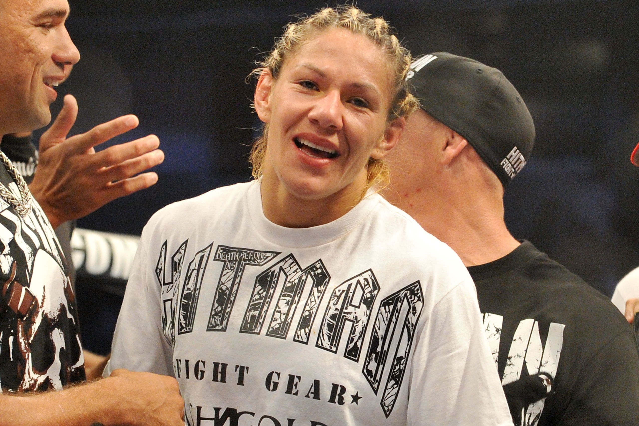 SAN JOSE, CA - AUGUST 15:  Cris Cyborg celebrates after defeating Gina Carano during their Middleweight Championship Title fight at Stikeforce: Carano vs. Cyborg on August 15, 2009 in San Jose, California.  (Photo by Jon Kopaloff/Getty Images)