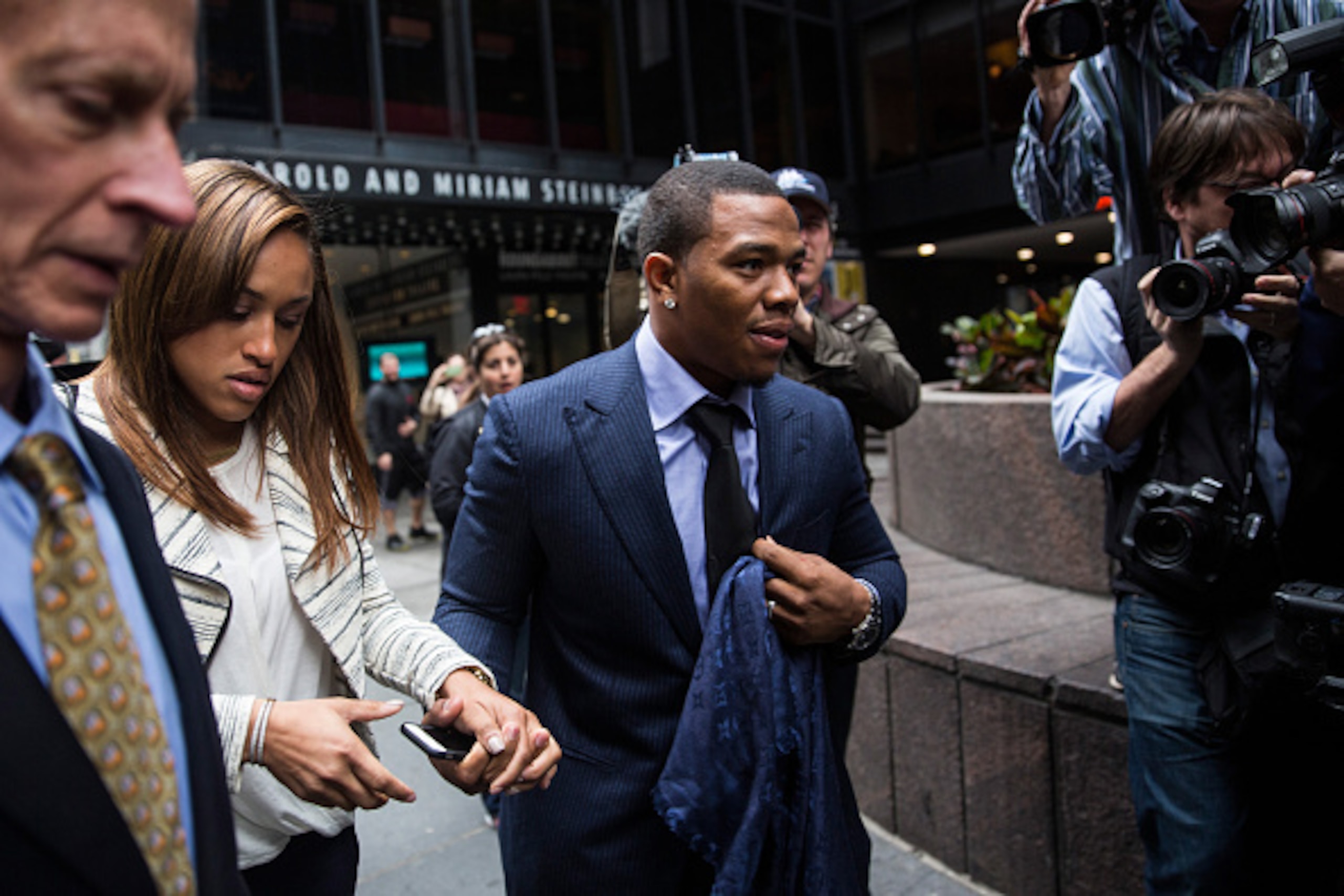 NEW YORK, NY - NOVEMBER 05: Suspended Baltimore Ravens football player Ray Rice (R) and his wife Janay Palmer arrive for a hearing on November 5, 2014 in New York City. Rice is fighting his suspension after being caught beating his wife in an Atlantic Cit