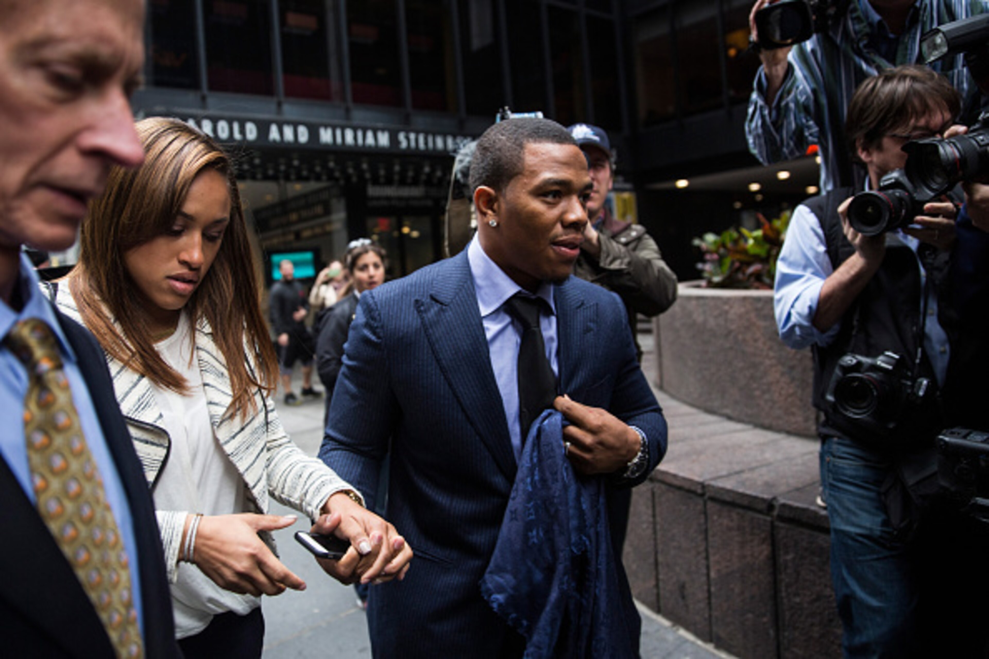 NEW YORK, NY - NOVEMBER 05: Suspended Baltimore Ravens football player Ray Rice (R) and his wife Janay Palmer arrive for a hearing on November 5, 2014 in New York City. Rice is fighting his suspension after being caught beating his wife in an Atlantic Cit