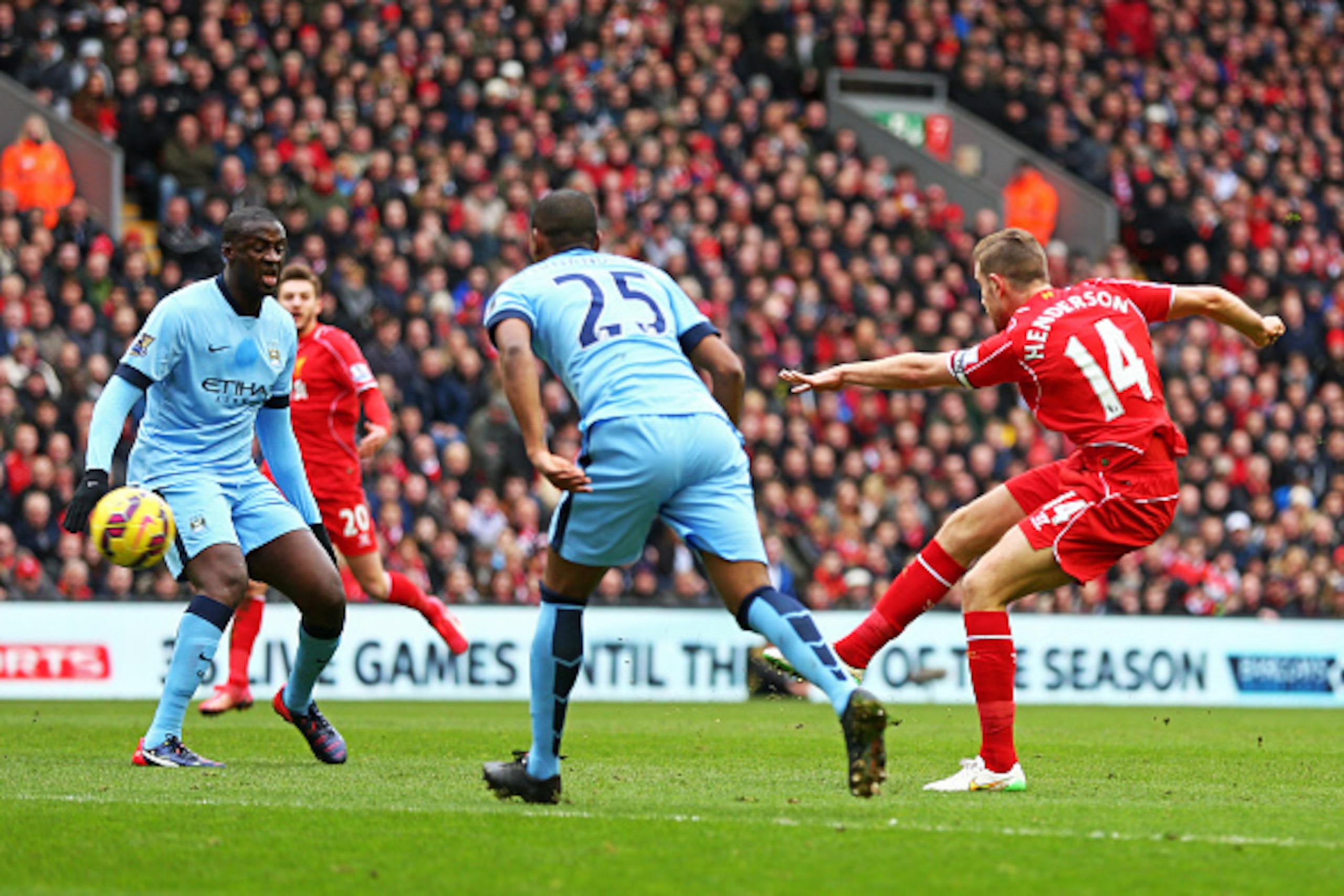 LIVERPOOL, ENGLAND - MARCH 01:  Jordan Henderson of Liverpool scores the opening goal during the Barclays Premier League match between Liverpool and Manchester City at Anfield on March 1, 2015 in Liverpool, England.  (Photo by Clive Brunskill/Getty Images