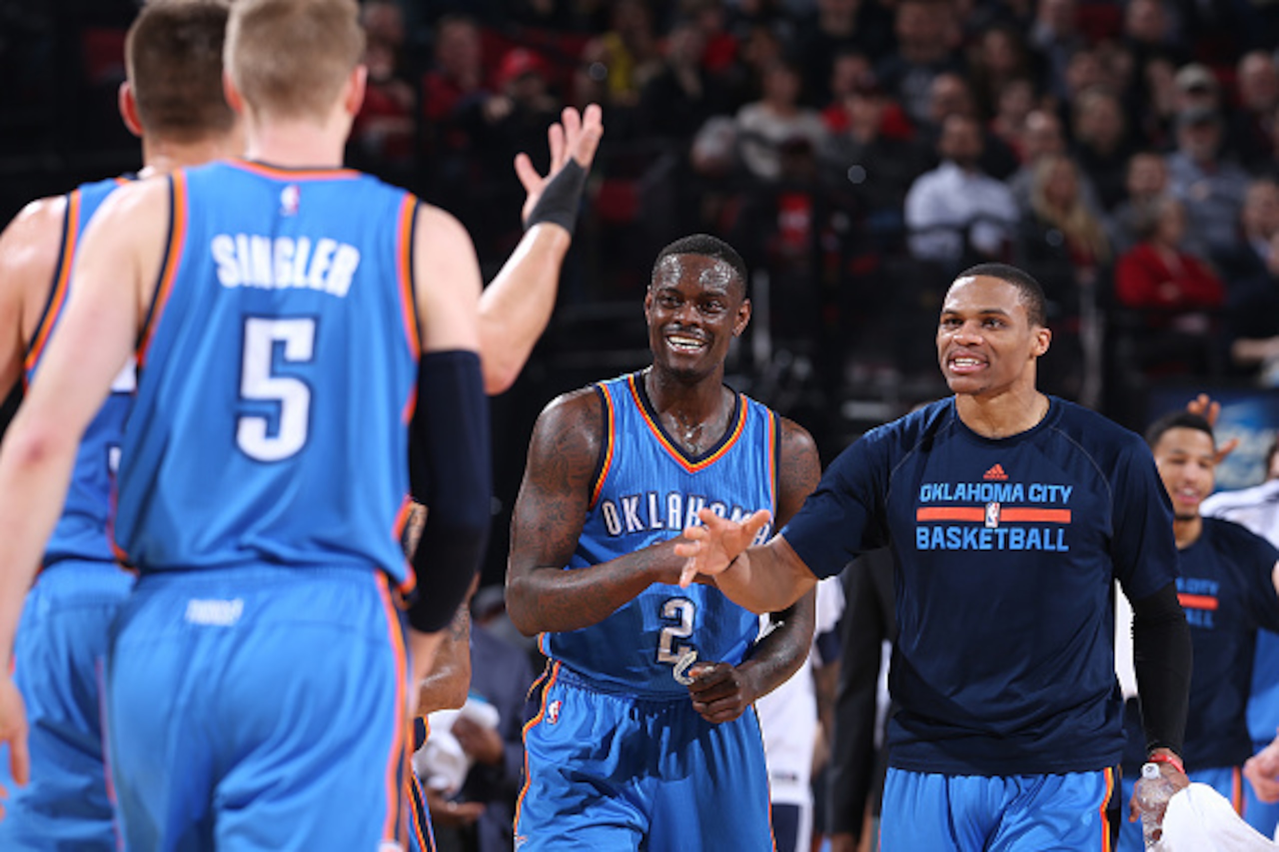 PORTLAND, OR - FEBRUARY 27:  Anthony Morrow #2 and Russell Westbrook #0 of the Oklahoma City Thunder celebrate during the game against the Portland Trail Blazers on February 27, 2015 at the Moda Center in Portland, Oregon. NOTE TO USER: User expressly ack